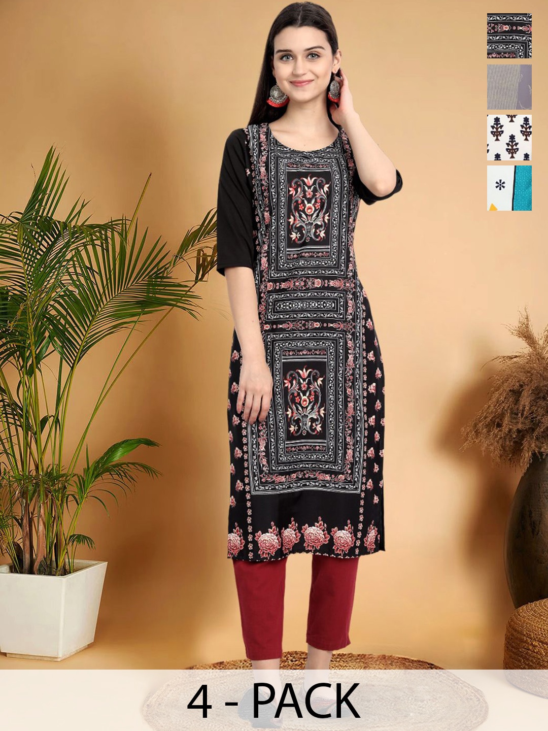 

7Threads Selection Of 4 Floral Printed Round Neck Straight Kurtas, Black