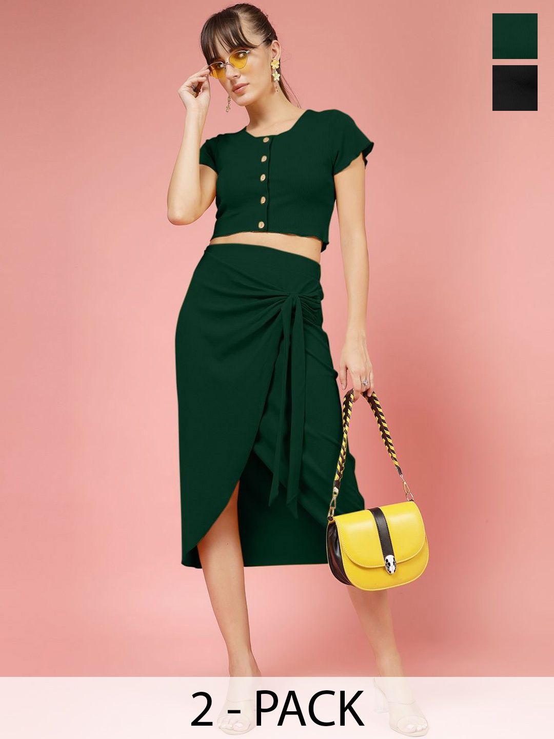 

Oomph! Pack Of 2 Round Neck Short Sleeves Top With Skirt, Green