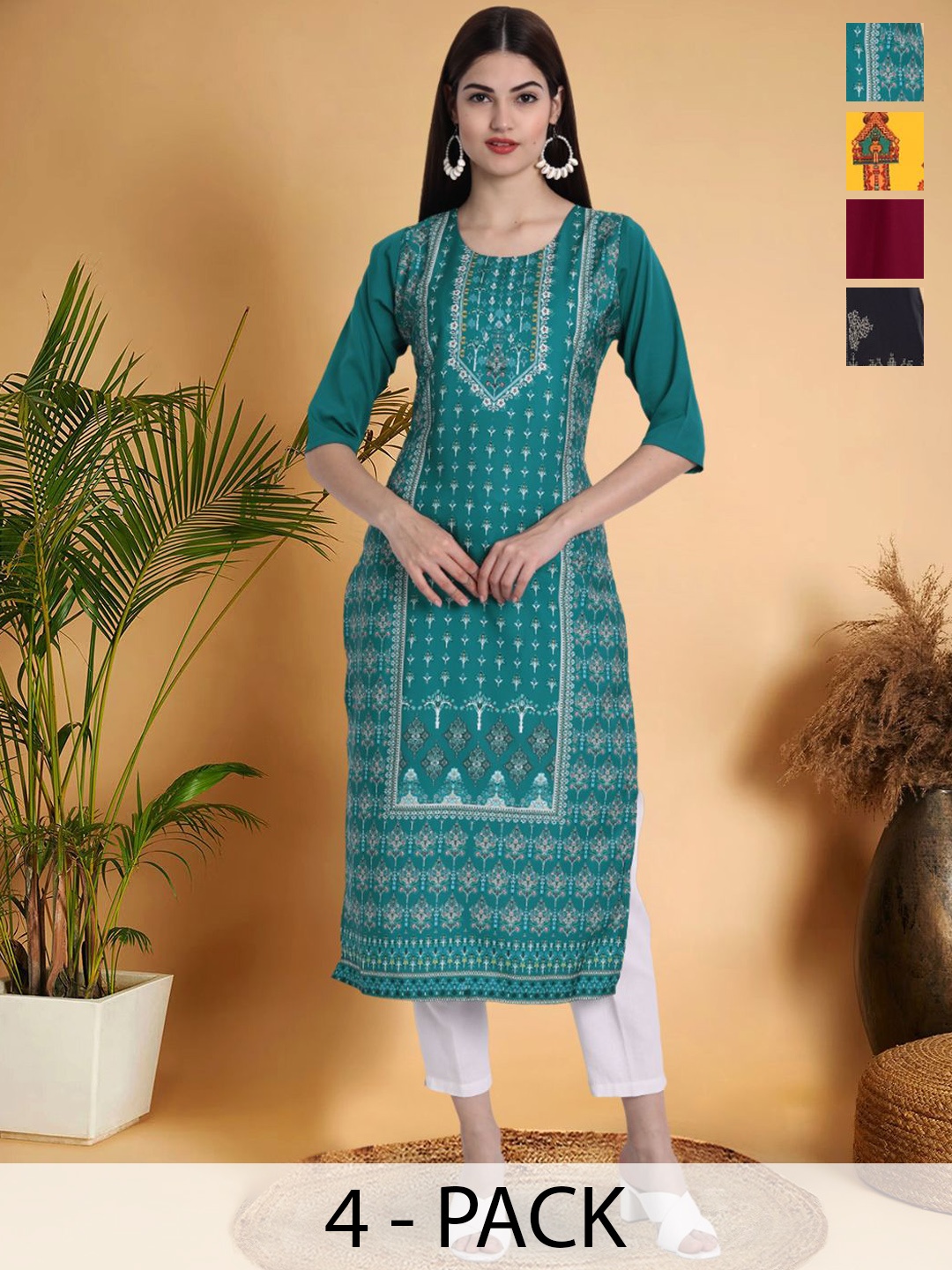 

7Threads Selection Of 4 Ethnic Motifs Printed Round Neck Straight Kurtas, Blue