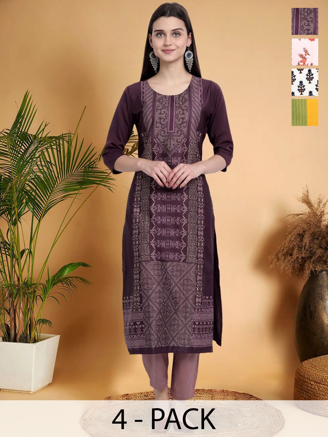 

7Threads Selection Of 4 Ethnic Motifs Printed Round Neck Straight Kurtas, Purple