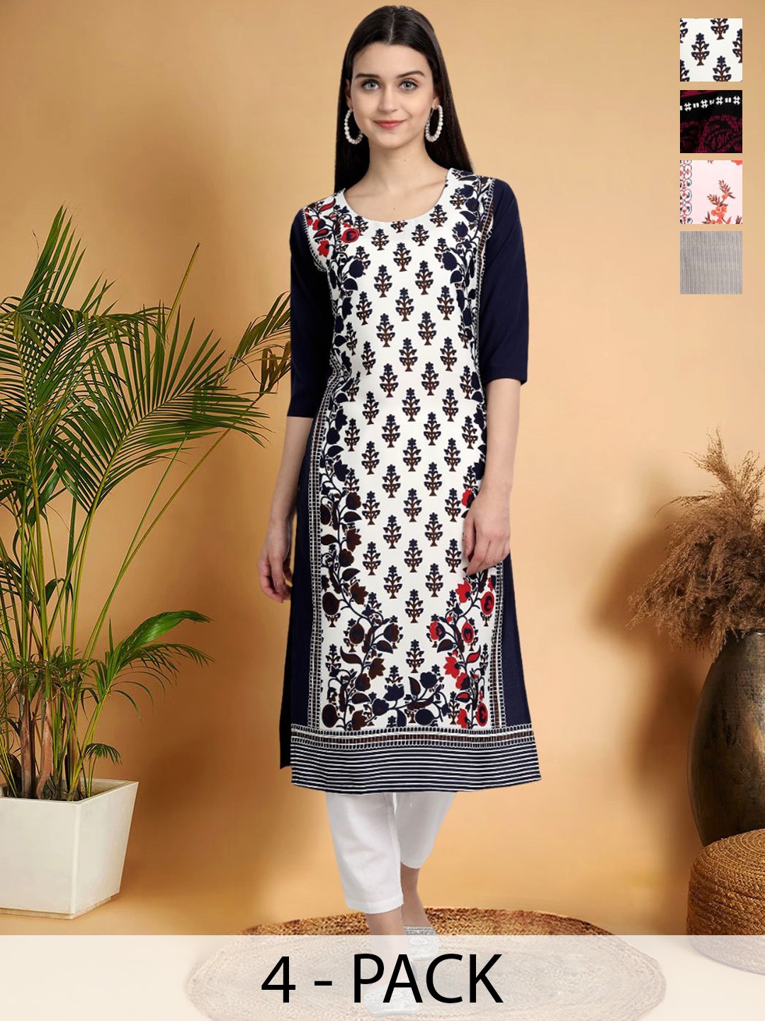 

7Threads Selection Of 4 Ethnic Motifs Printed Round Neck Straight Kurtas, Black