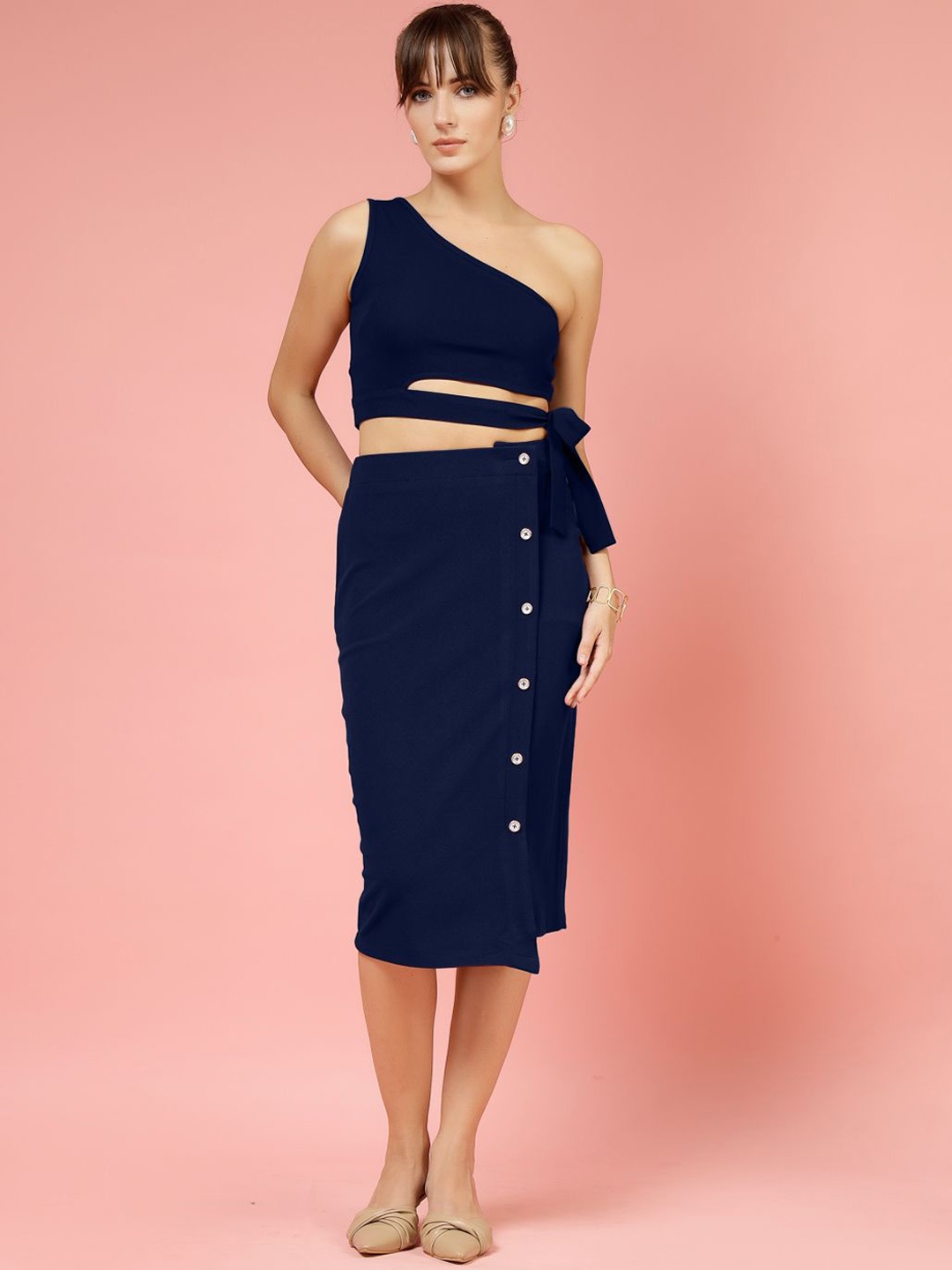 Oomph! One Shoulder Neck Sleeveless Top With Skirt, Navy blue