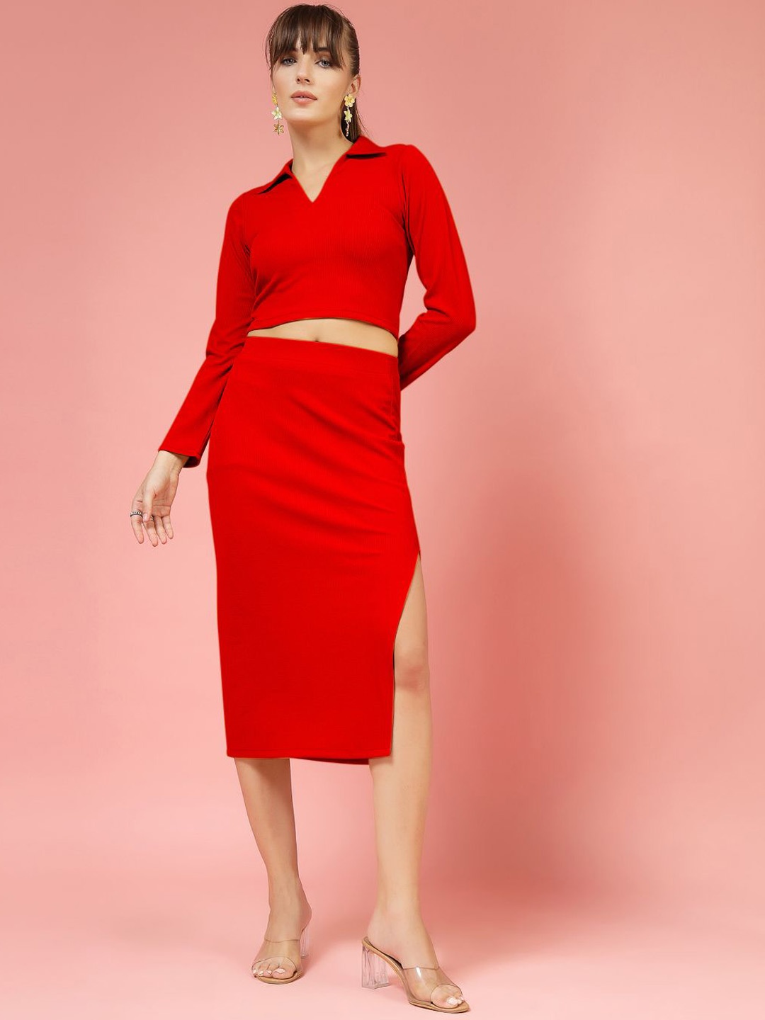 

Oomph! Shirt Collar Long Sleeves Top With Skirt, Red
