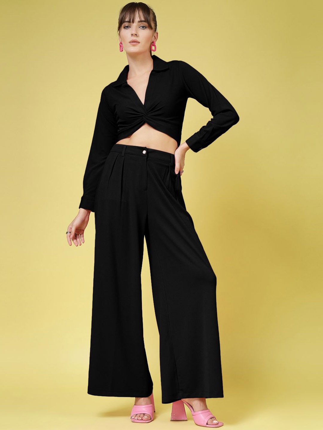 

Oomph! Shirt Collar Long Sleeves Top With Trouser, Black