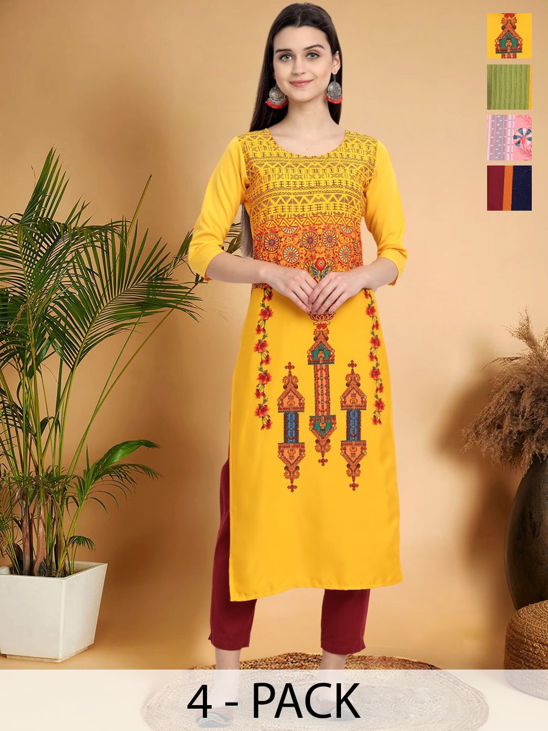 

7Threads Selection Of 4 Ethnic Motifs Printed Round Neck Straight Kurtas, Yellow