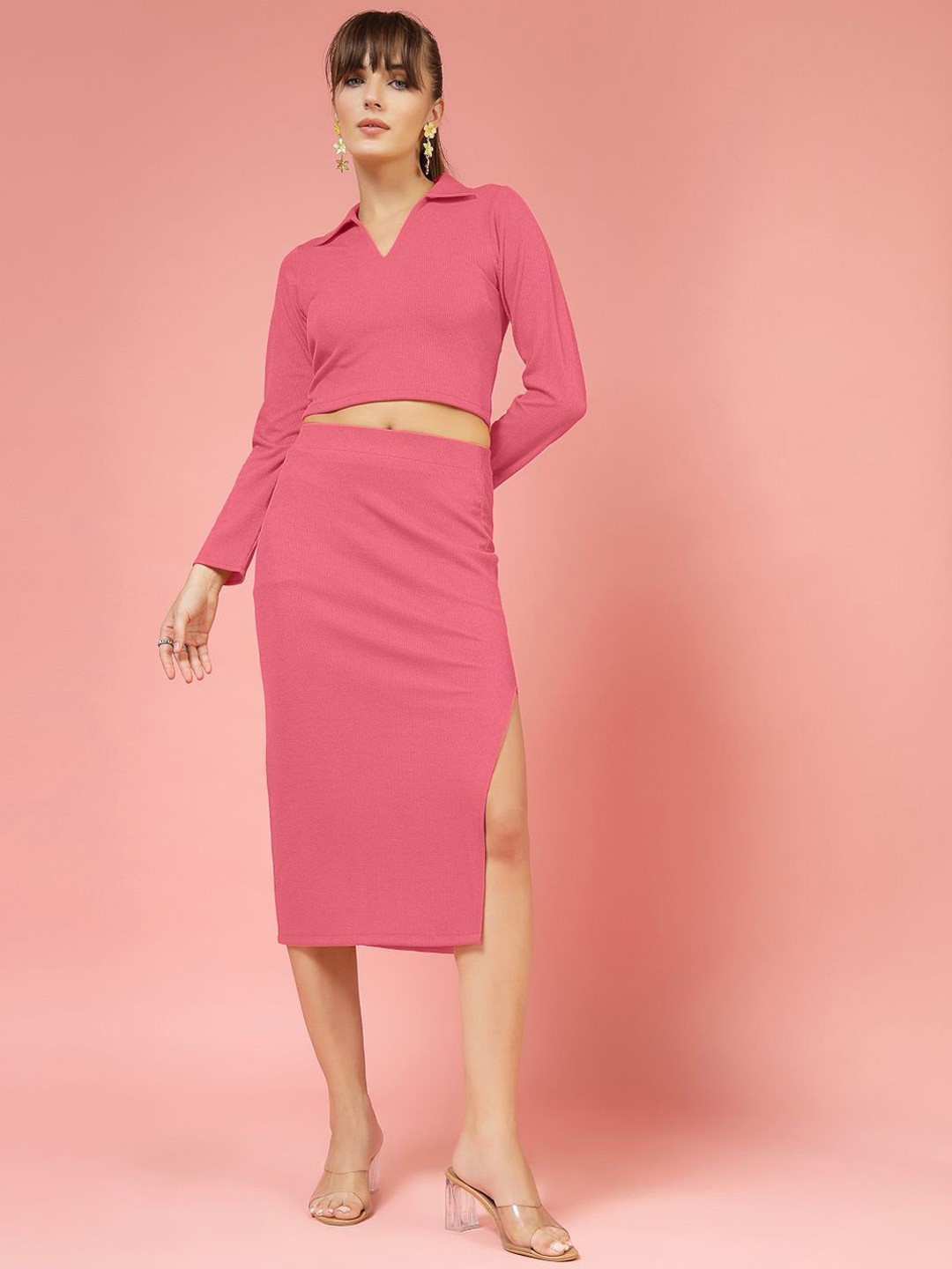 

Oomph! Shirt Collar Long Sleeves Top With Skirt, Pink