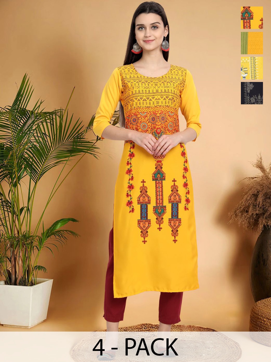 

7Threads Selection Of 4 Ethnic Motifs Printed Round Neck Straight Kurtas, Yellow