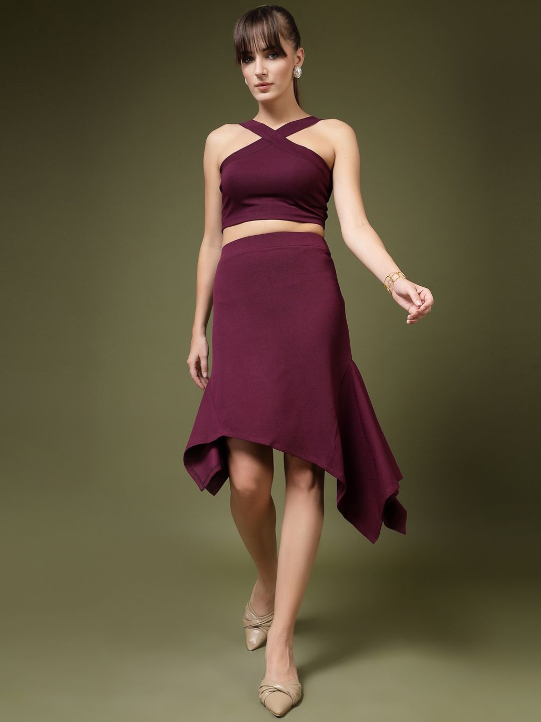 

Oomph! Halter Neck Sleeveless Top With Skirt, Purple