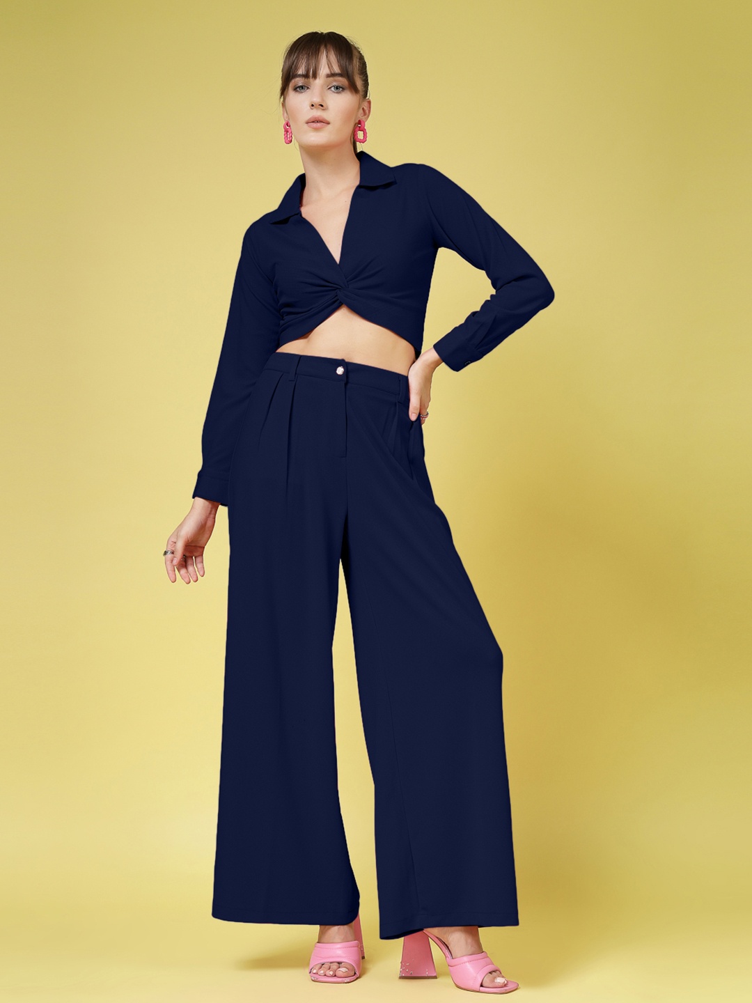 

Oomph! Shirt Collar Long Sleeves Top With Trouser, Navy blue