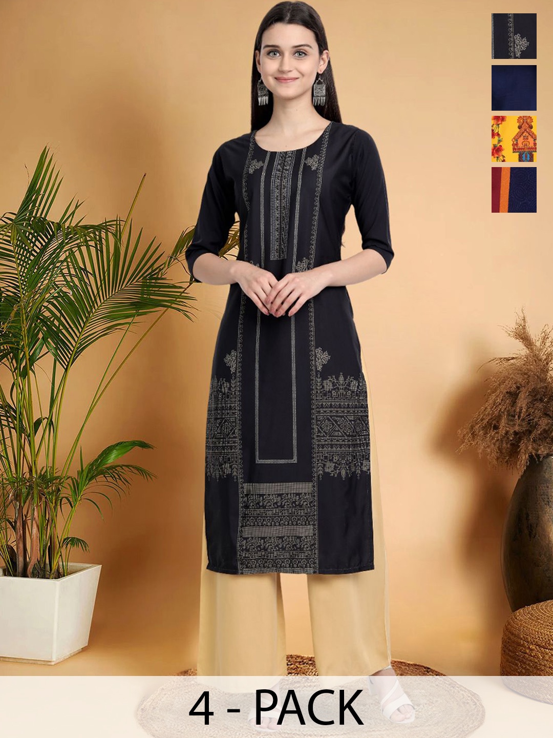 

7Threads Selection Of 4 Ethnic Motifs Printed Round Neck Straight Kurtas, Black