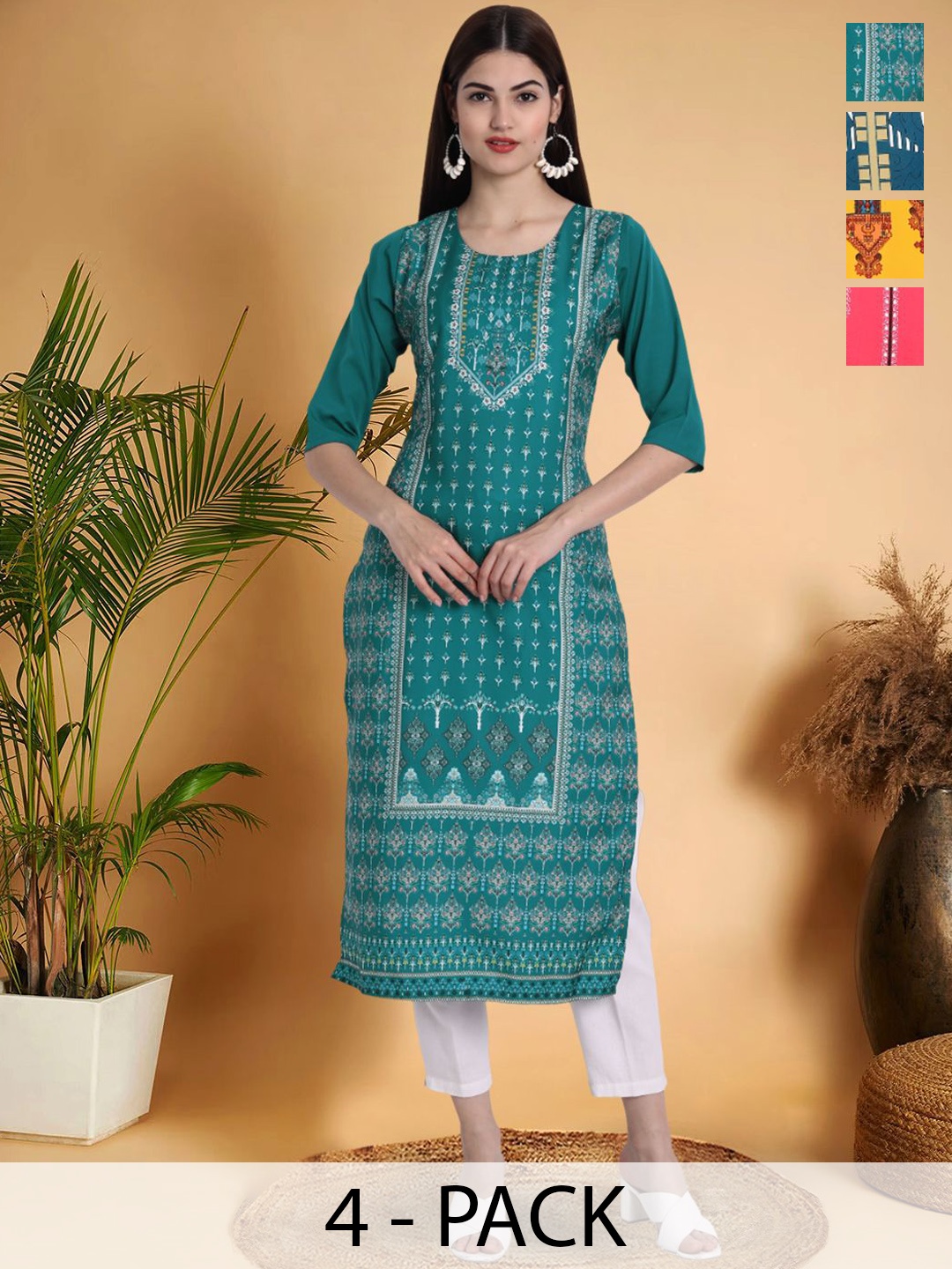 

7Threads Selection Of 4 Ethnic Motifs Printed Round Neck Straight Kurtas, Blue