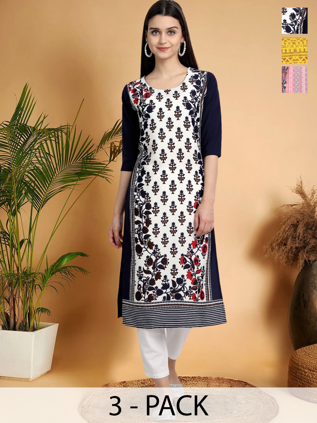 7Threads Selection Of 4 Ethnic Motifs Printed Round Neck Straight Kurtas, Black