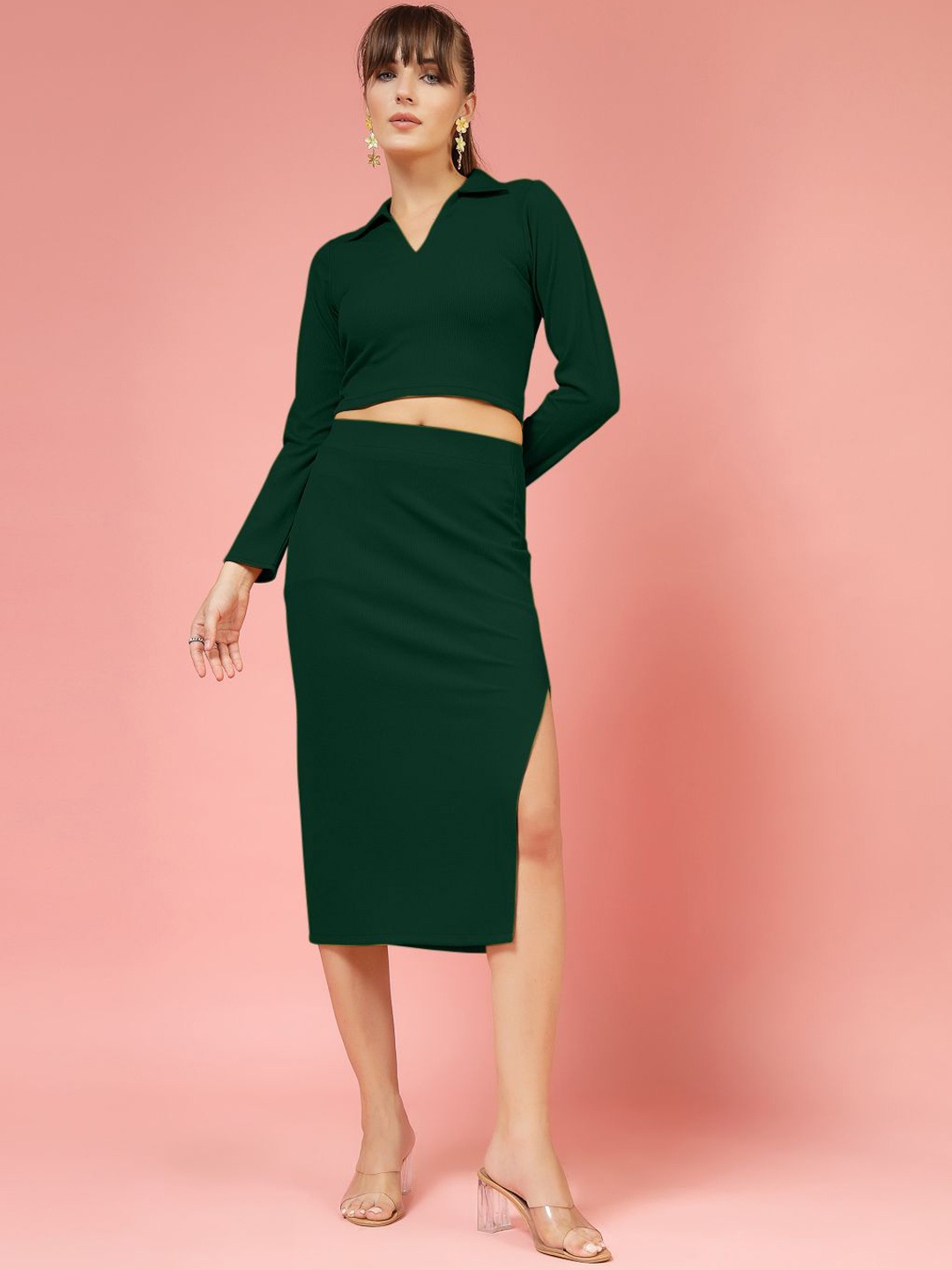 

Oomph! Shirt Collar Long Sleeves Top With Skirt, Green