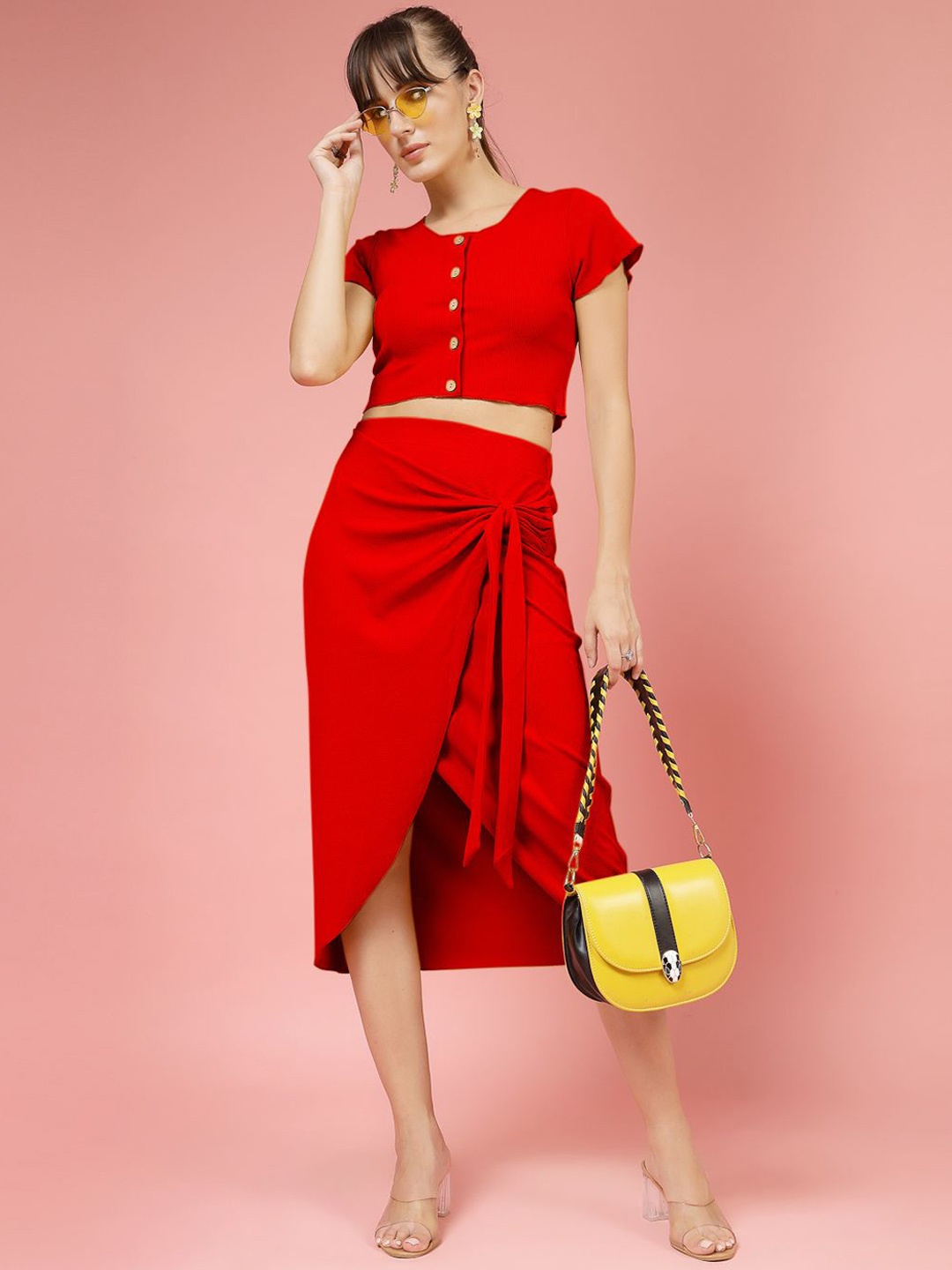 

Oomph! Round Neck Short Sleeves Top With Skirt, Red