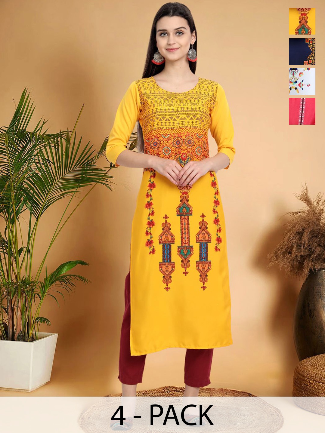 

7Threads Selection Of 4 Ethnic Motifs Printed Straight Kurtas, Yellow