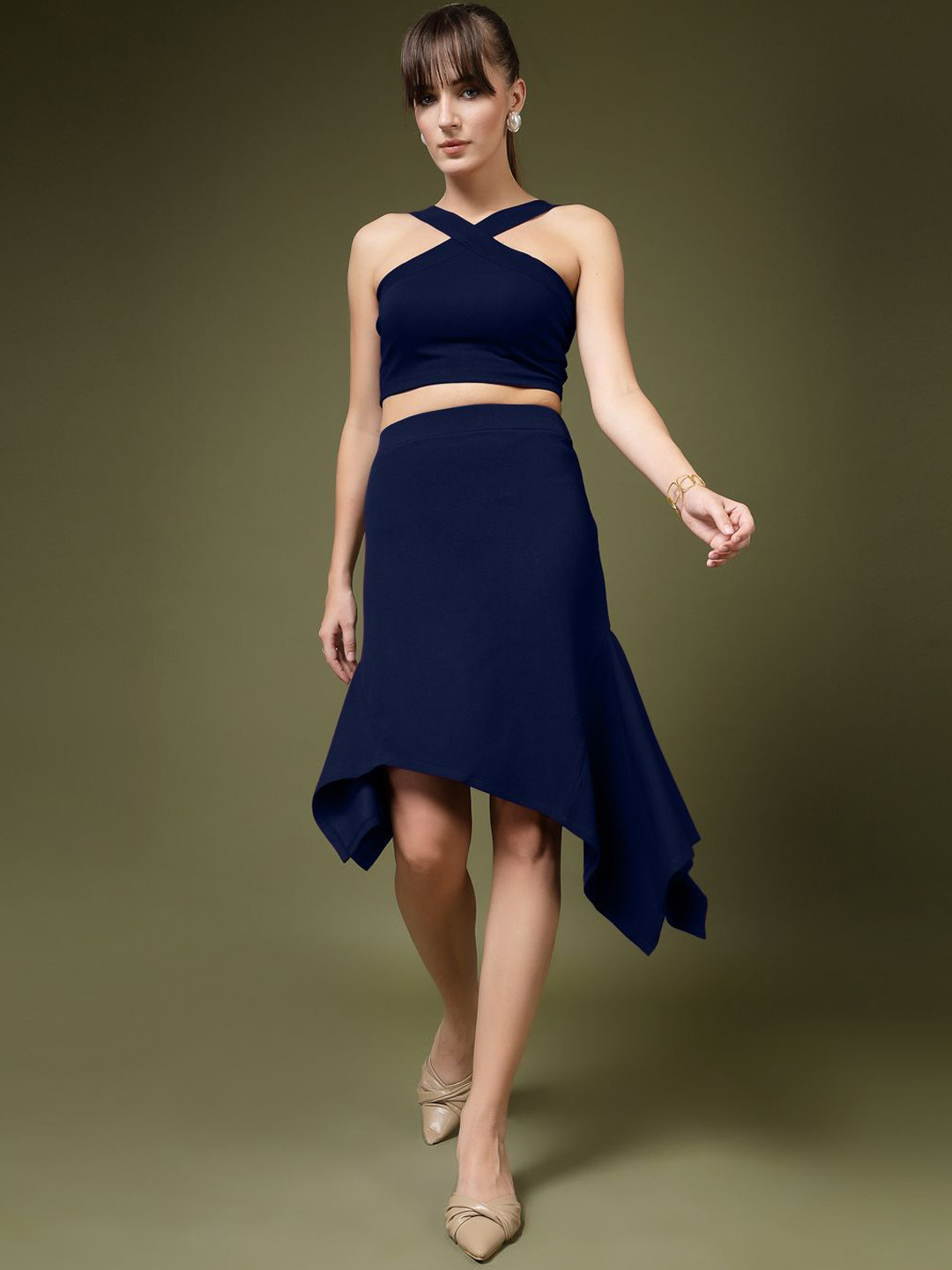 

Oomph! Halter Neck Sleeveless Top With Skirt, Navy blue