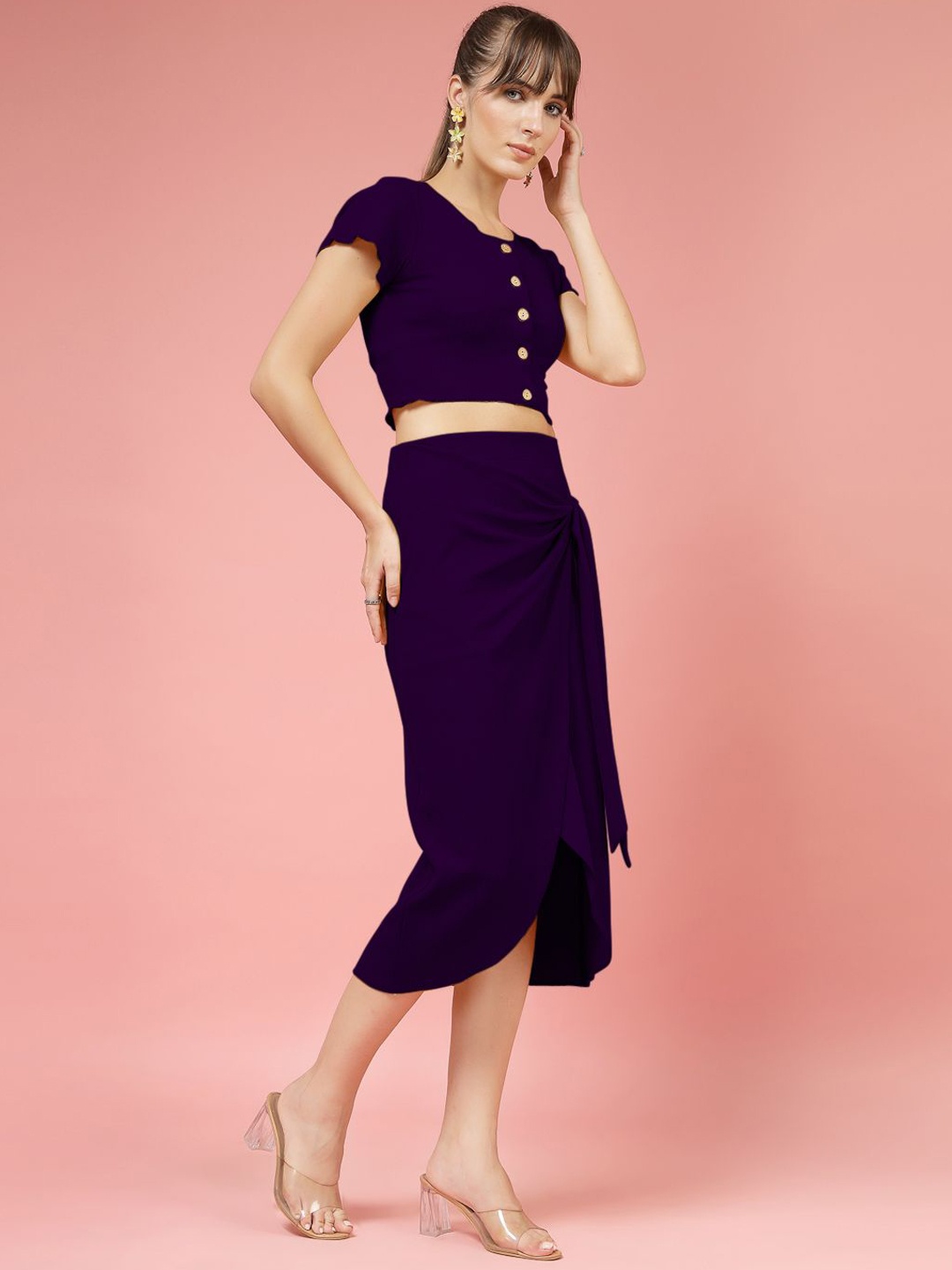 

Oomph! Round Neck Short Sleeves Top With Skirt, Purple