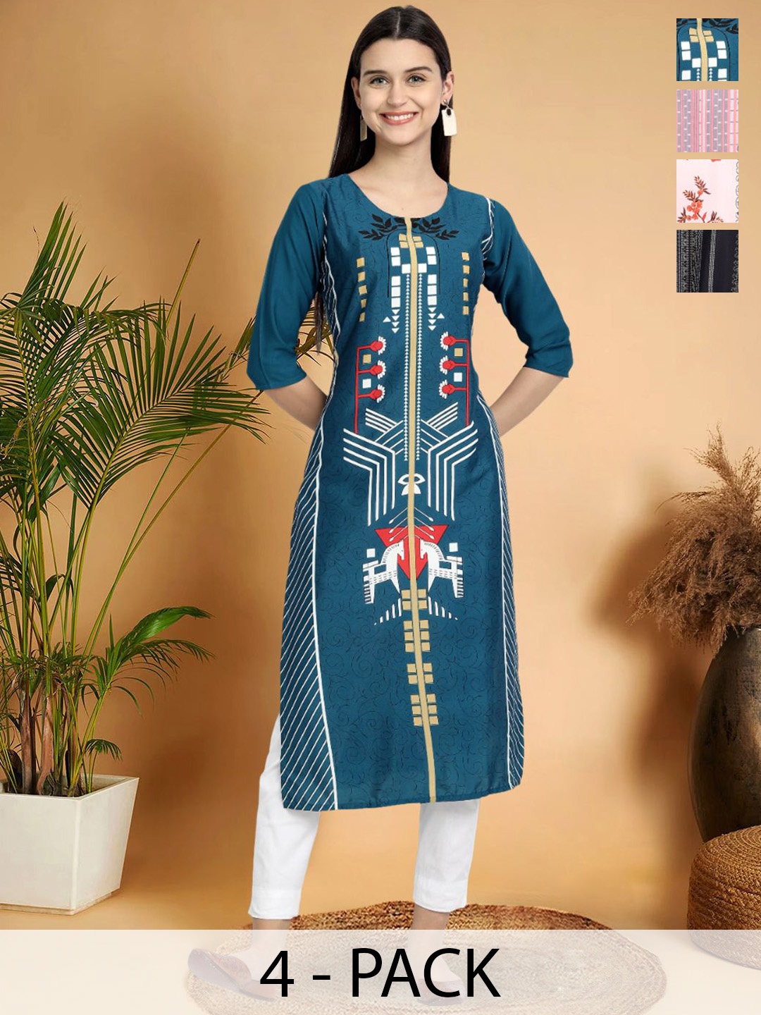 

7Threads Selection Of 4 Geometric Printed Straight Kurtas, Blue