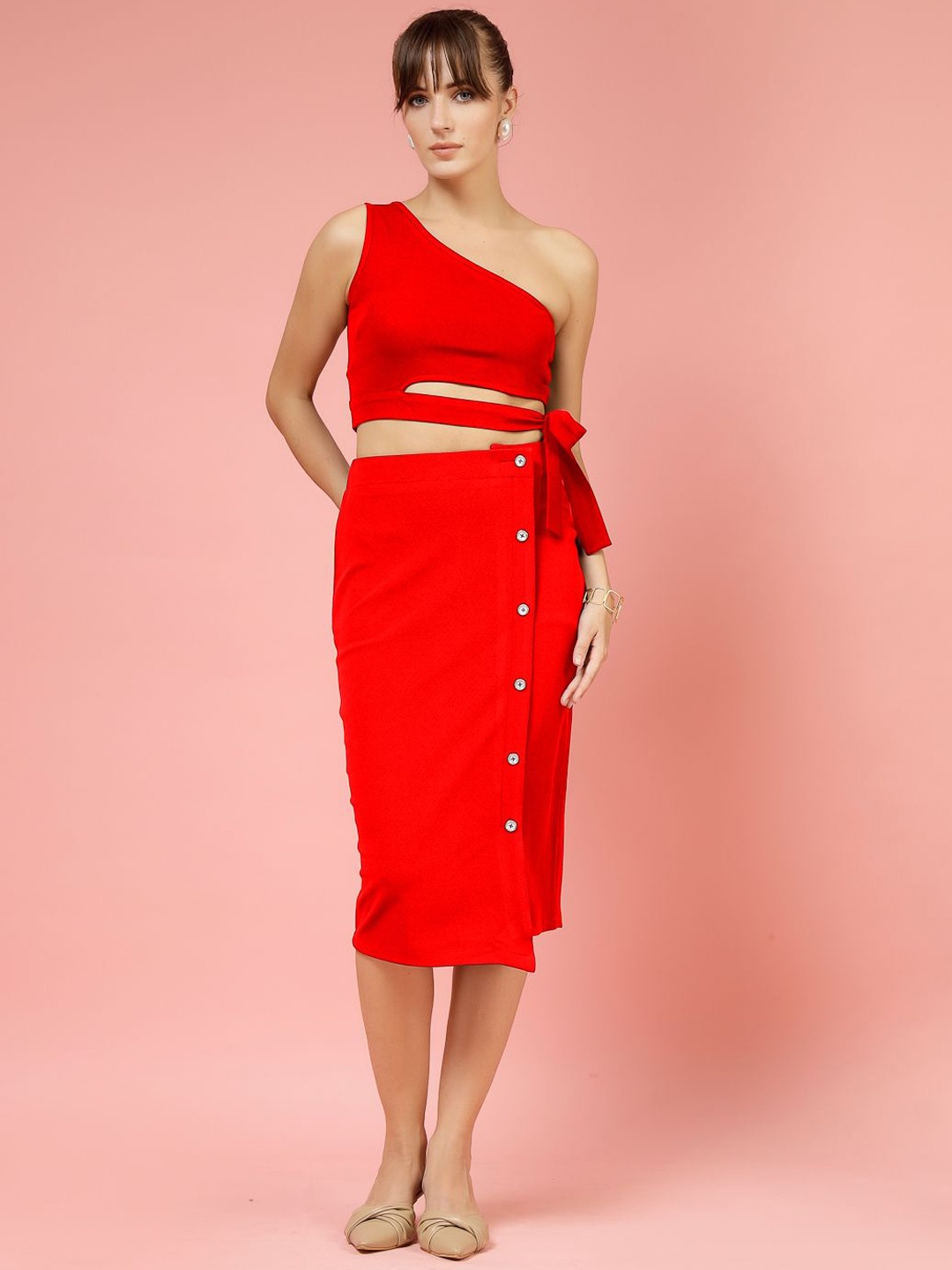 

Oomph! One Shoulder Neck Sleeveless Top With Skirt, Red