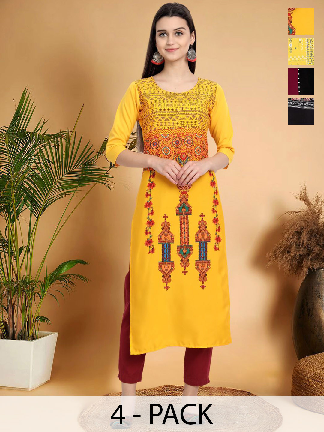 

7Threads Selection Of 4 Ethnic Motifs Printed Straight Kurtas, Yellow
