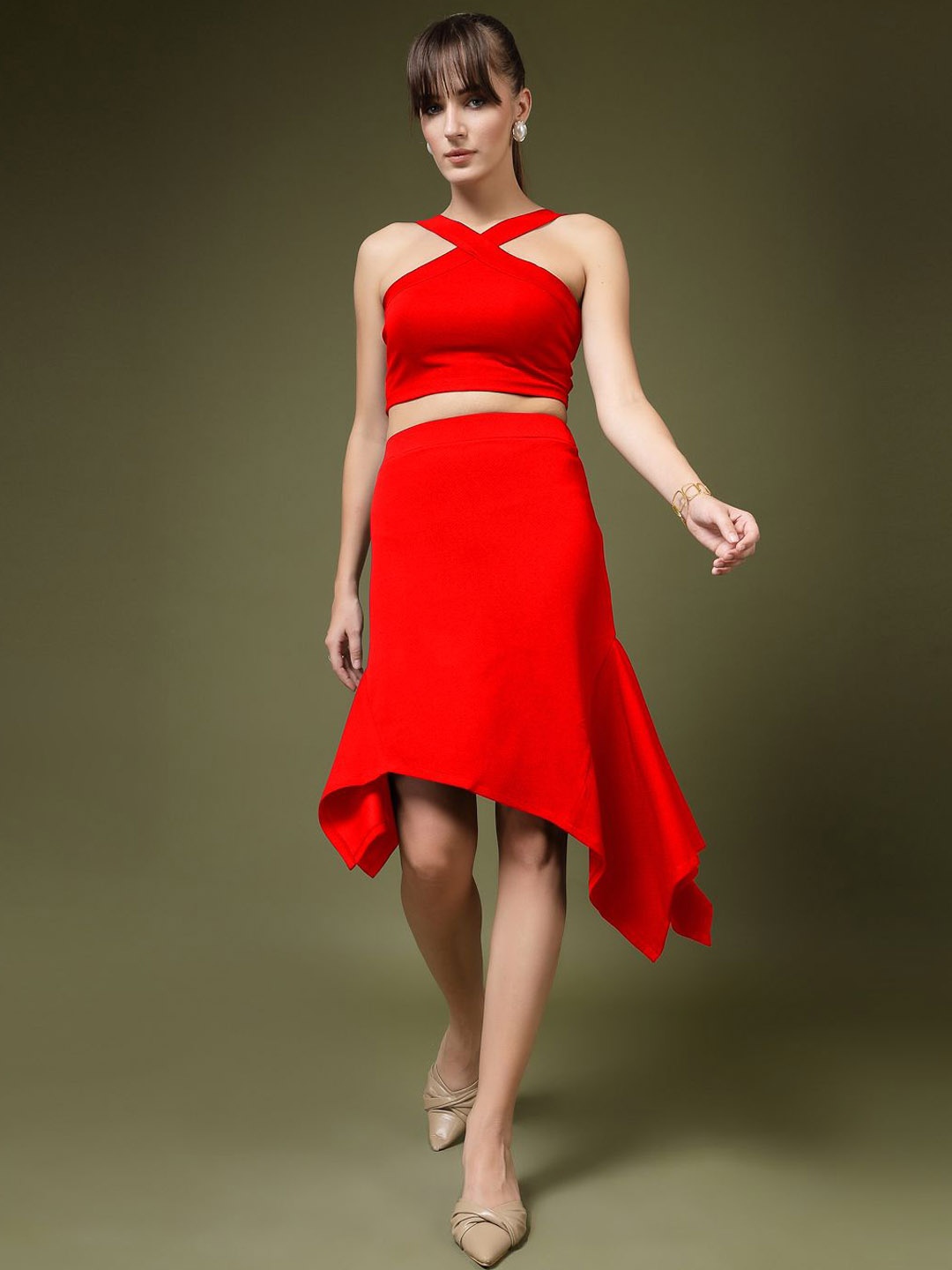 

Oomph! Halter Neck Sleeveless Top With Skirt, Red