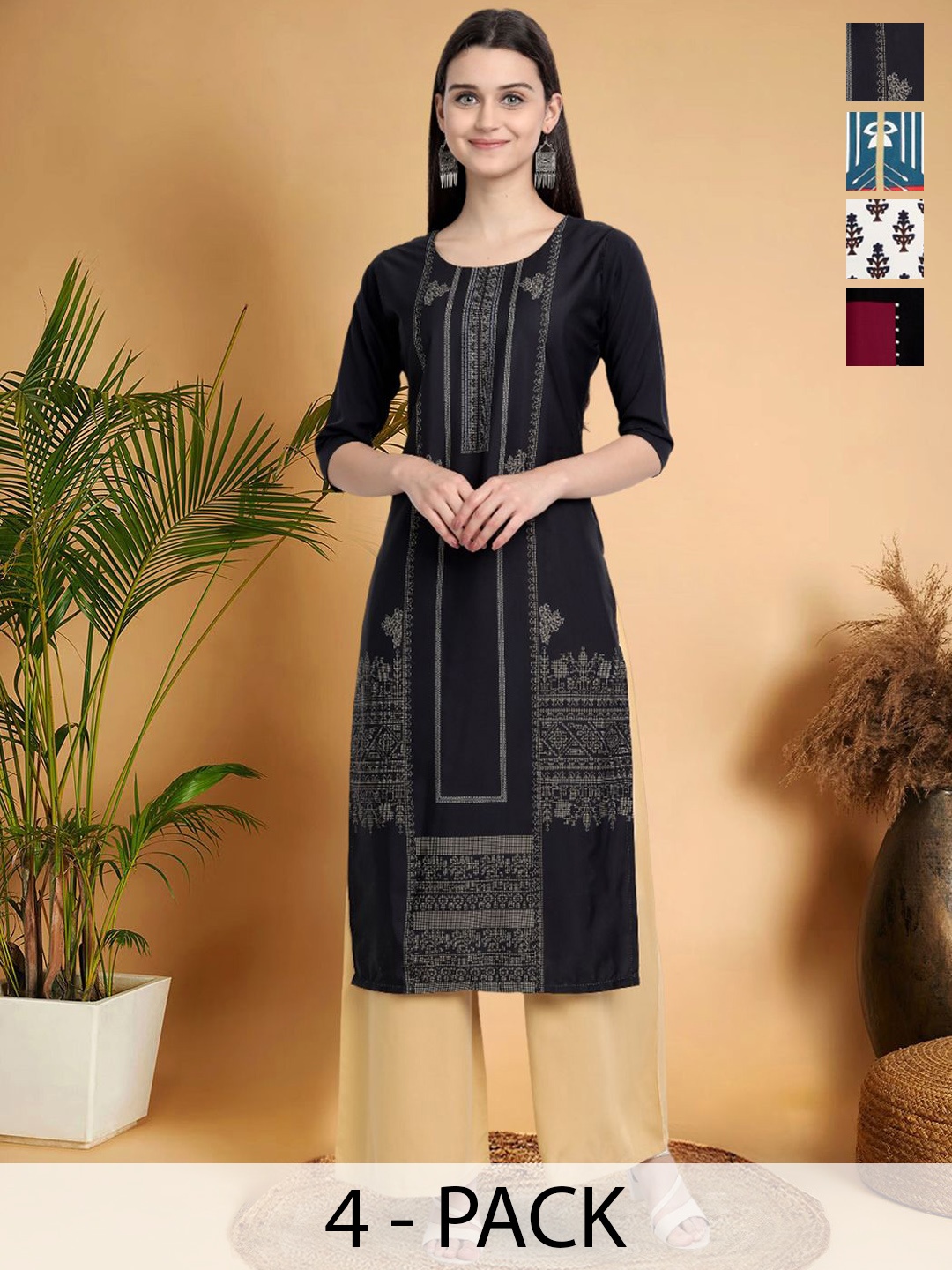 

7Threads Selection Of 4 Ethnic Motifs Printed Straight Kurtas, Black