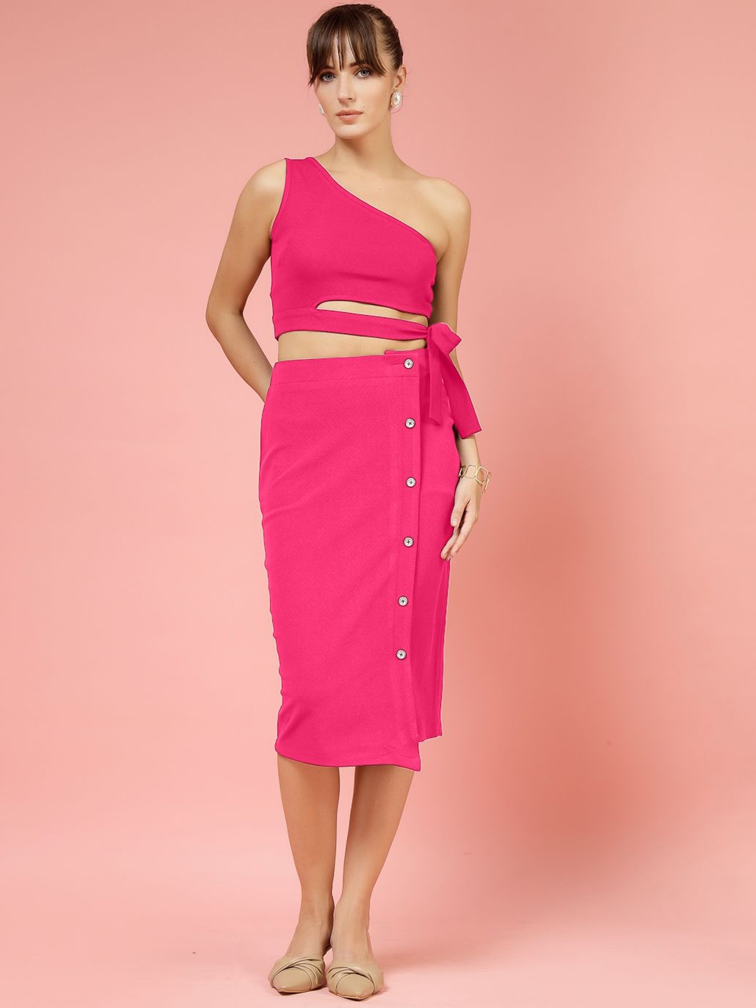 

Oomph! One Shoulder Neck Sleeveless Top With Skirt, Pink
