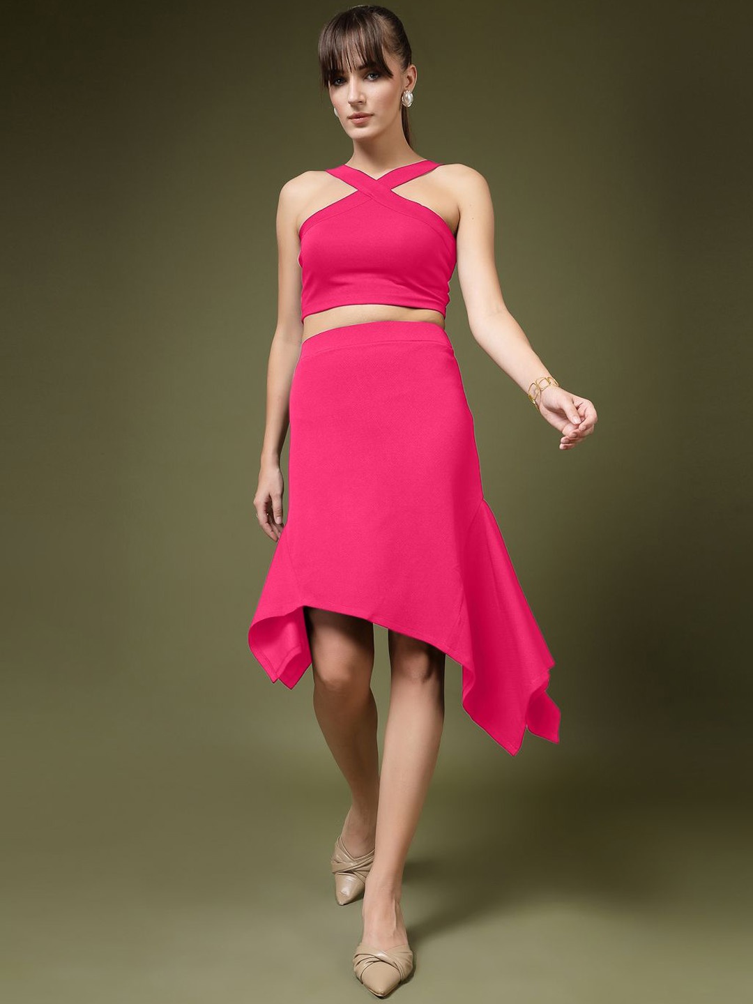 

Oomph! Halter Neck Sleeveless Top With Skirt, Pink