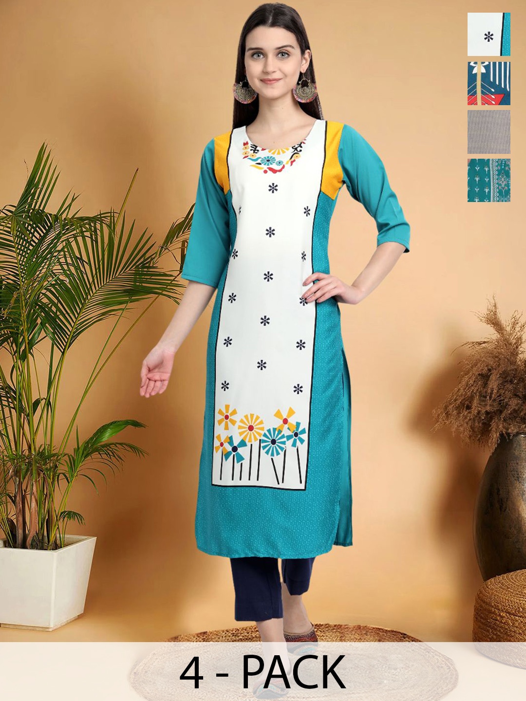 7Threads Selection Of 4 Floral Printed Straight Kurtas, White