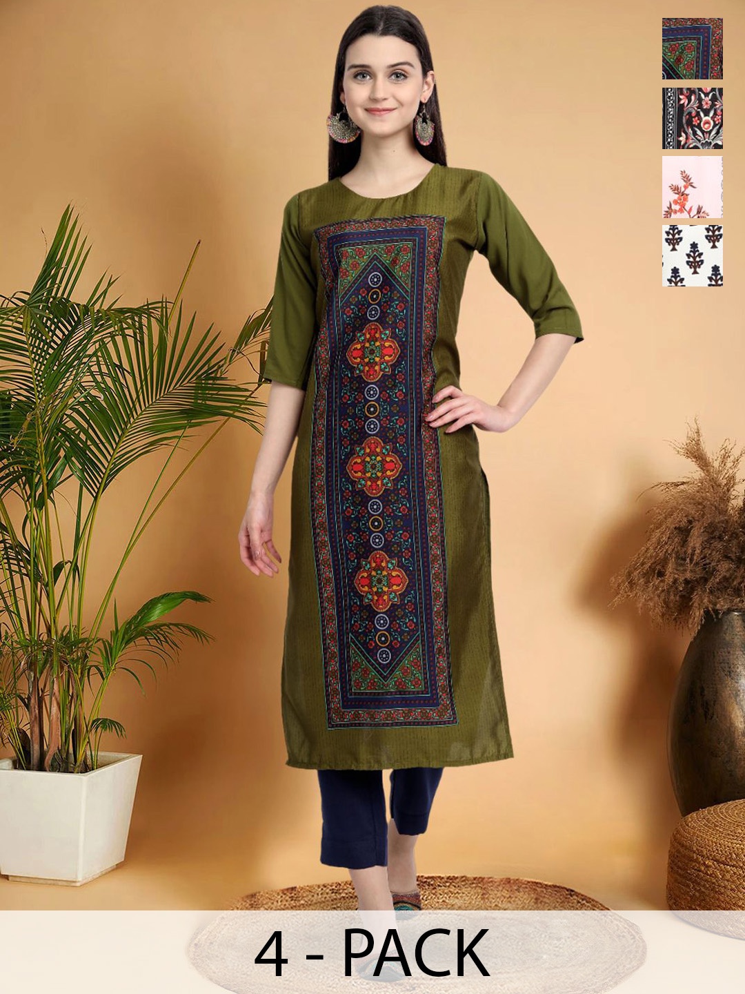 

7Threads Selection Of 4 Ethnic Motifs Printed Straight Kurtas, Olive