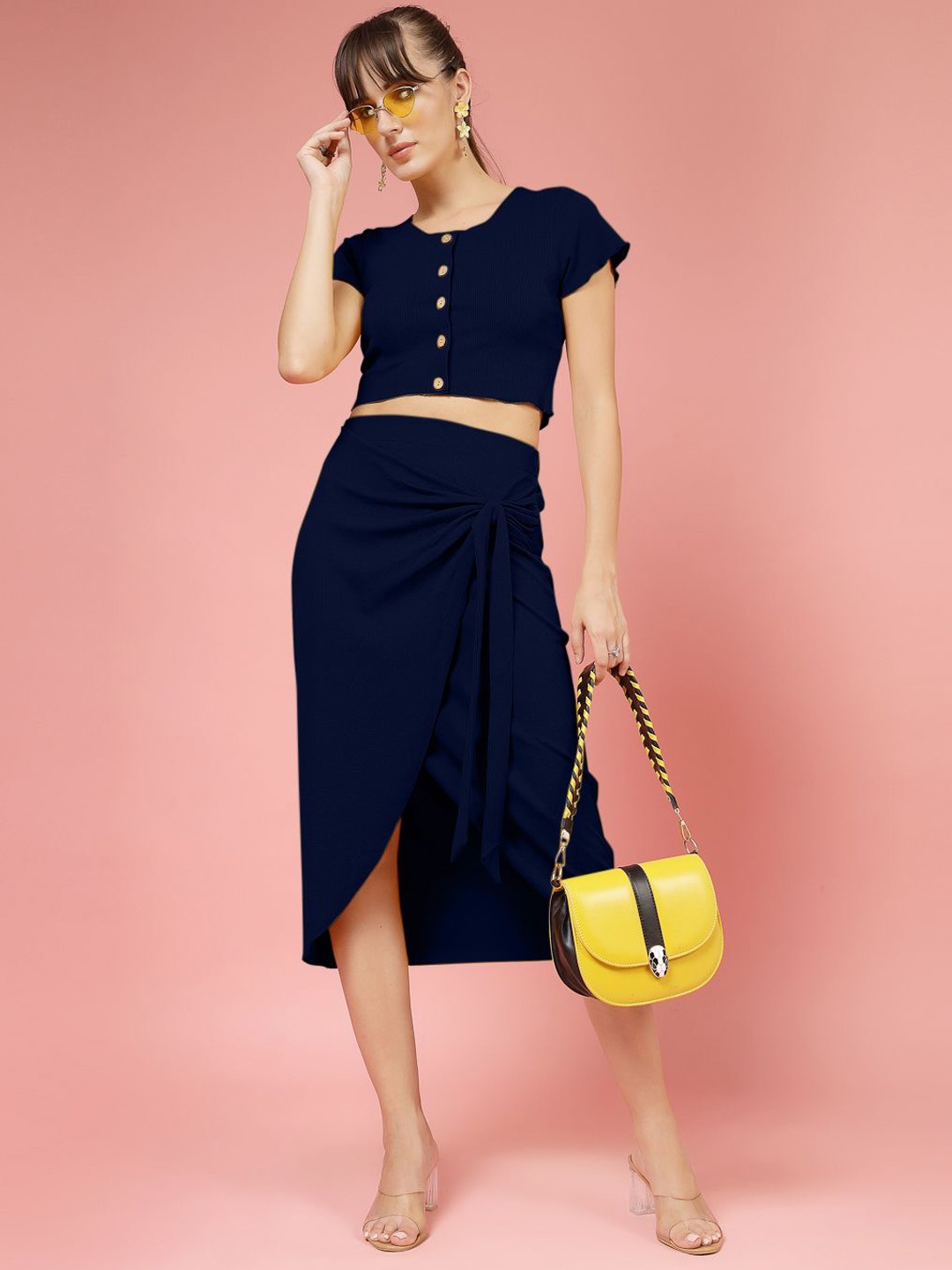 Oomph! Round Neck Short Sleeves Top With Skirt, Navy blue