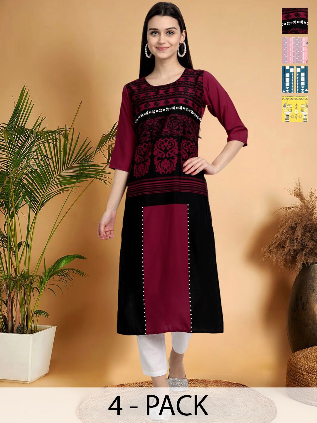 

7Threads Selection Of 4 Ethnic Motifs Printed Straight Kurtas, Maroon