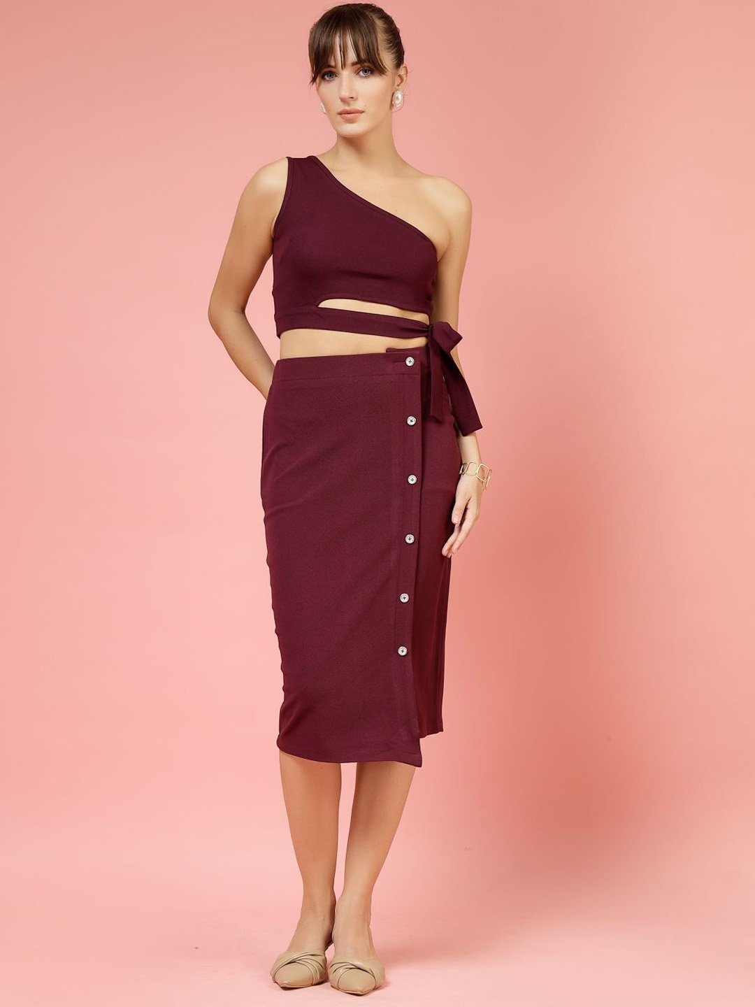 Oomph! One Shoulder Neck Sleeveless Top With Skirt, Purple