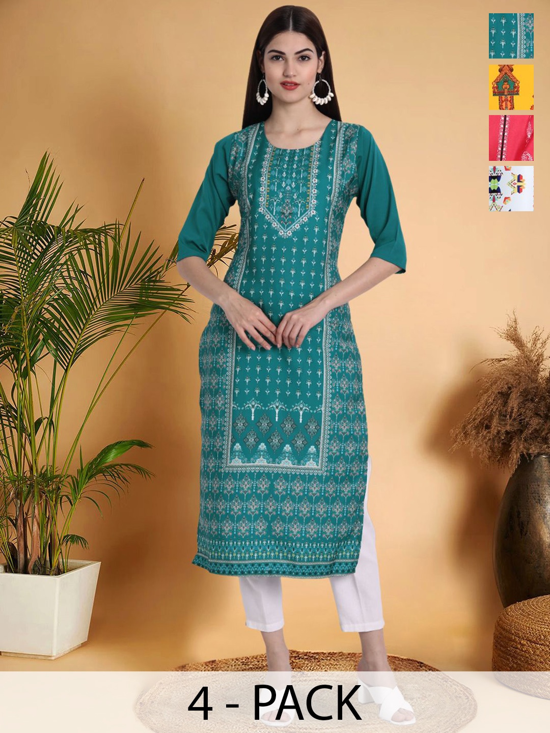 

7Threads Selection Of 4 Ethnic Motifs Printed Straight Kurtas, Blue