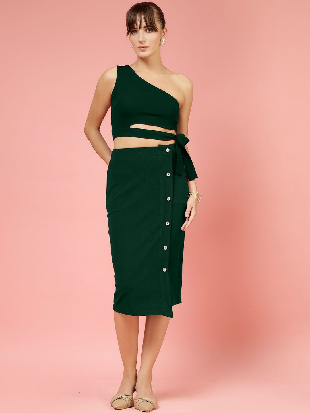 

Oomph! One Shoulder Neck Sleeveless Top With Skirt, Green