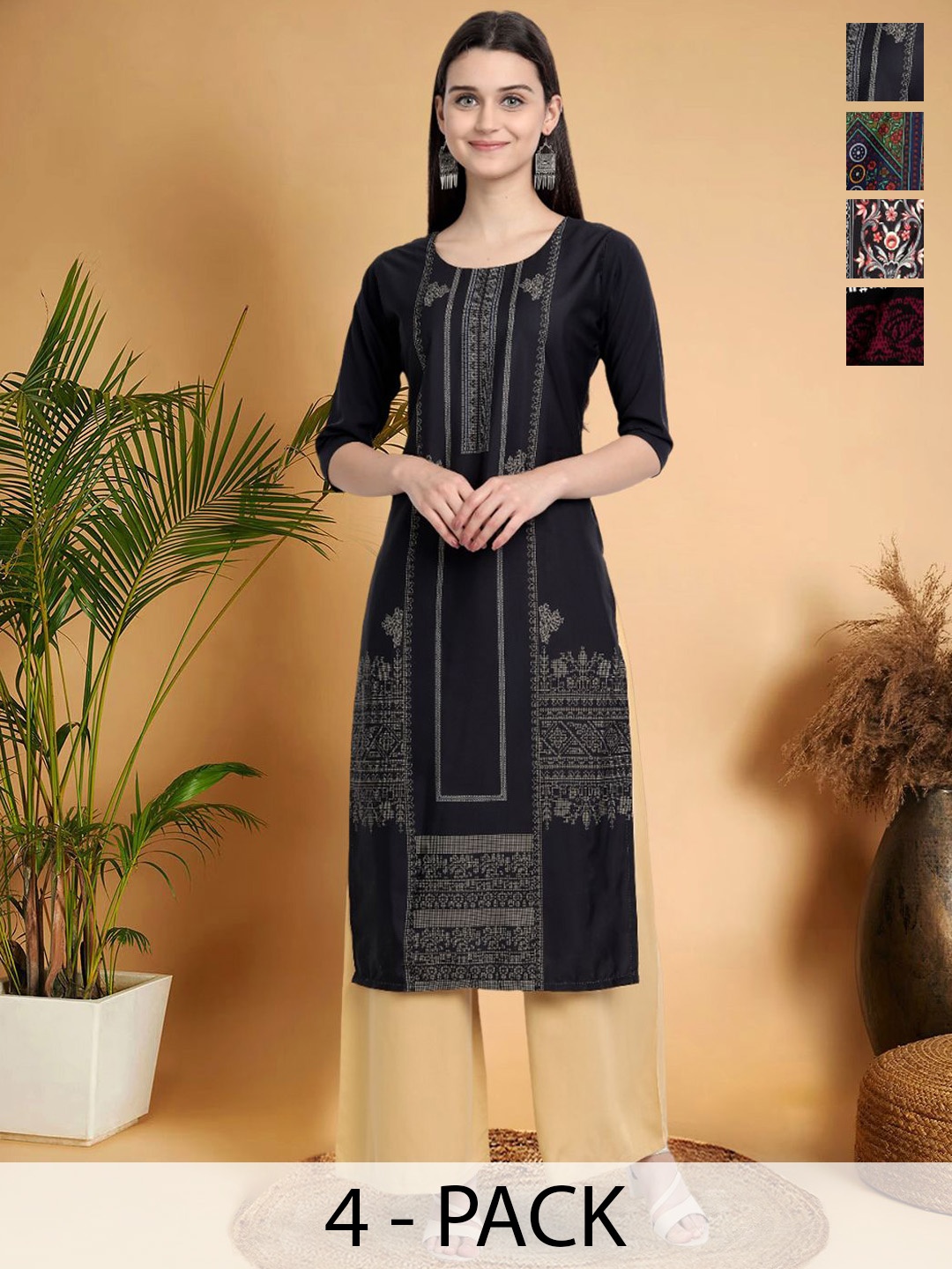 

7Threads Selection Of 4 Ethnic Motifs Printed Straight Kurtas, Black