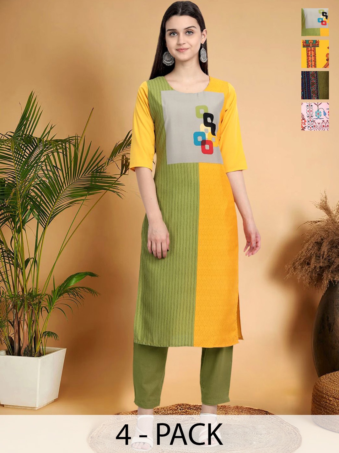 

7Threads Selection Of 4 Colourblocked Printed Straight Kurtas, Olive