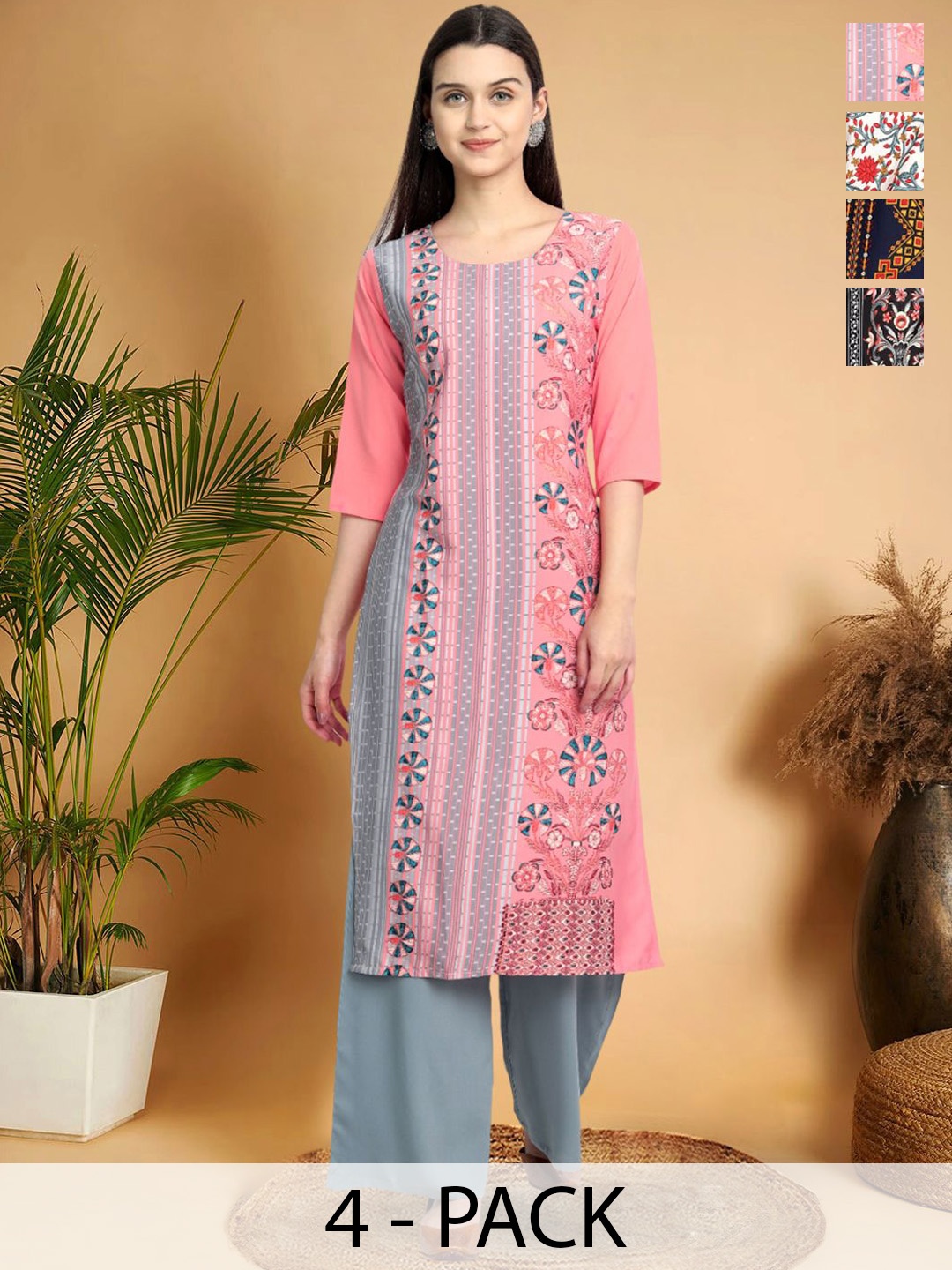 

7Threads Selection Of 4 Ethnic Motifs Printed Straight Kurtas, Pink