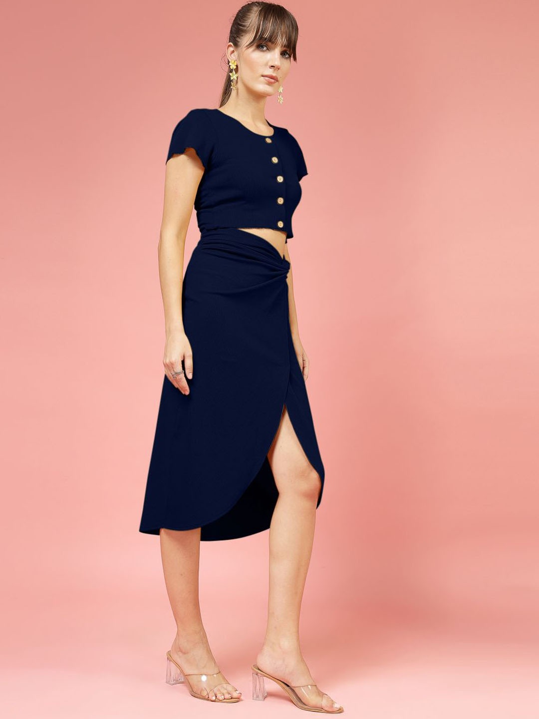 

Oomph! Round Neck Short Sleeves Top With Skirt, Navy blue
