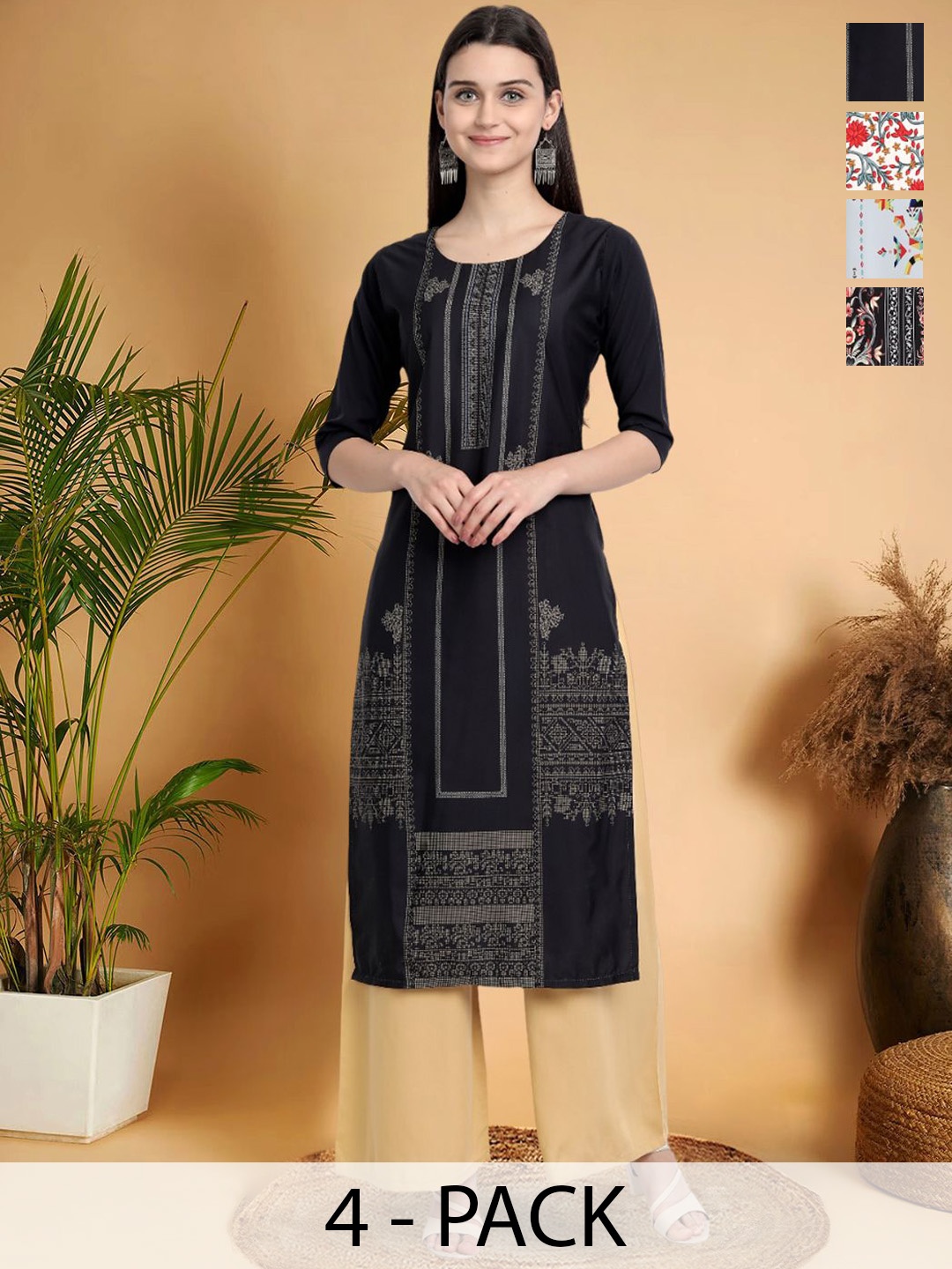 

7Threads Selection Of 4 Ethnic Motifs Printed Straight Kurtas, Black