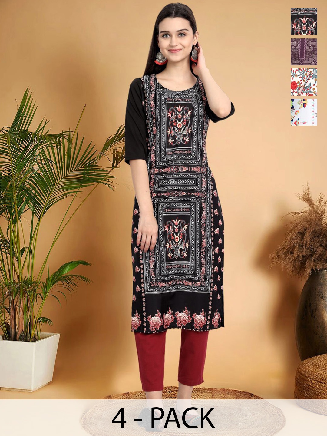 

7Threads Selection Of 4 Ethnic Motifs Printed Straight Kurtas, Black
