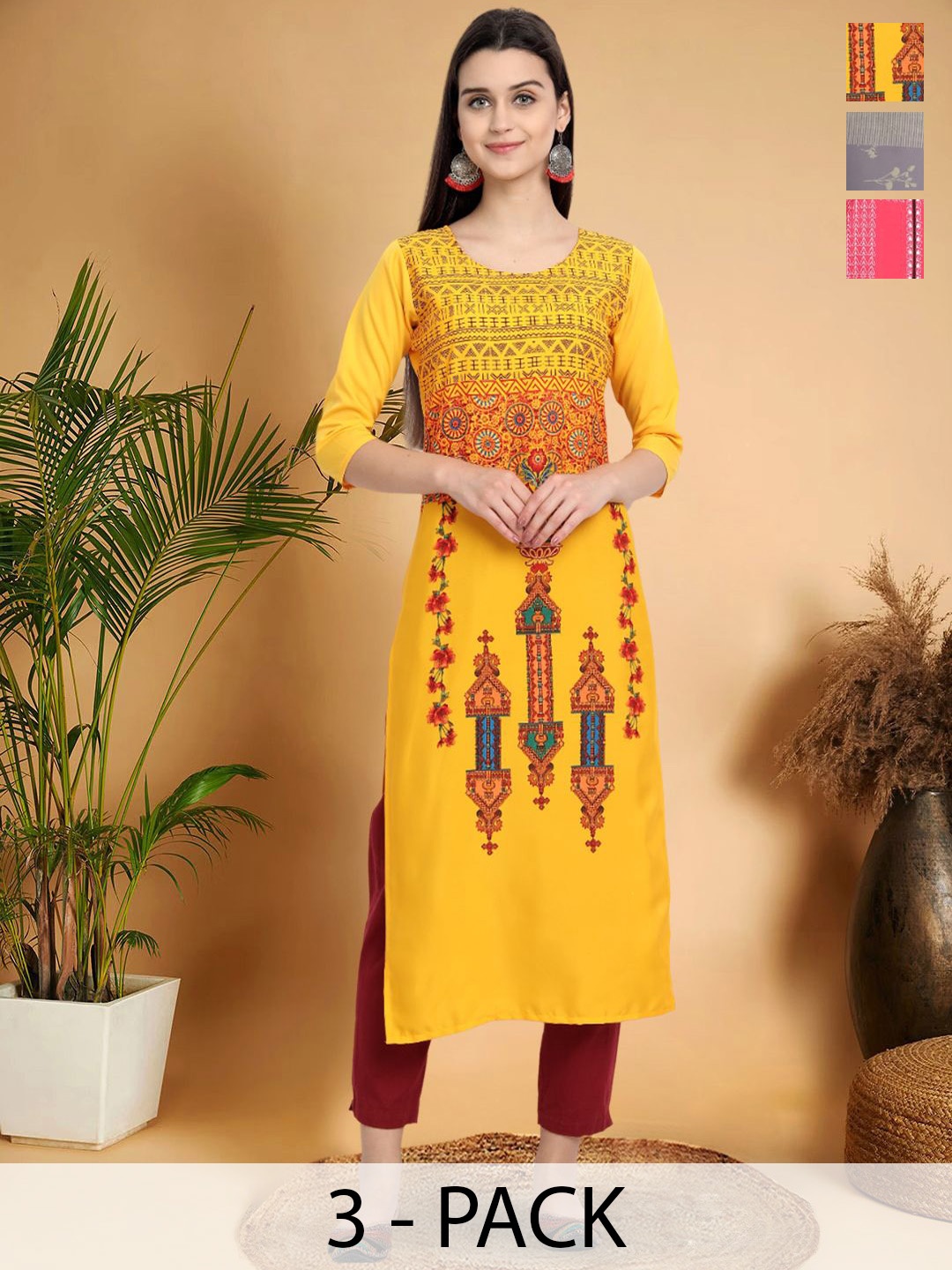 

7Threads Selection Of 3 Ethnic Motifs Printed Straight Kurtas, Yellow