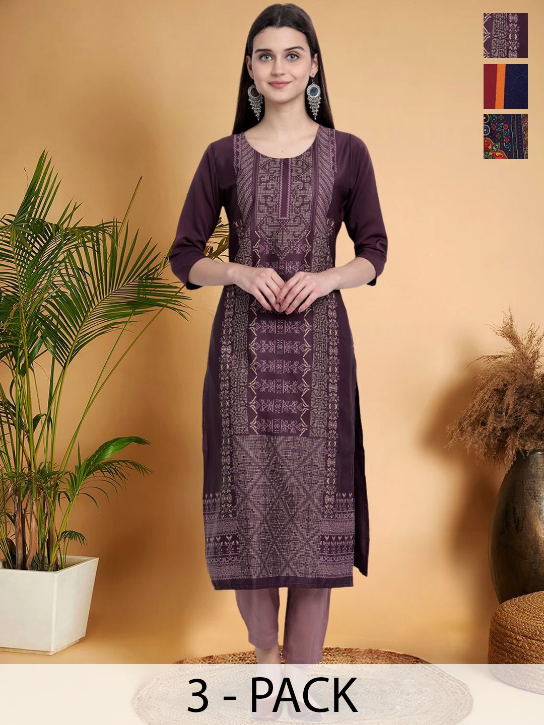 

7Threads Selection Of 3 Ethnic Motifs Printed Straight Kurtas, Purple