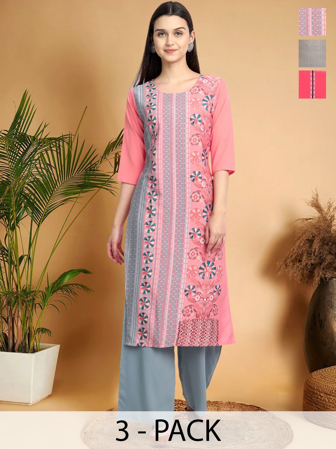 

7Threads Selection Of 3 Ethnic Motifs Printed Straight Kurtas, Pink