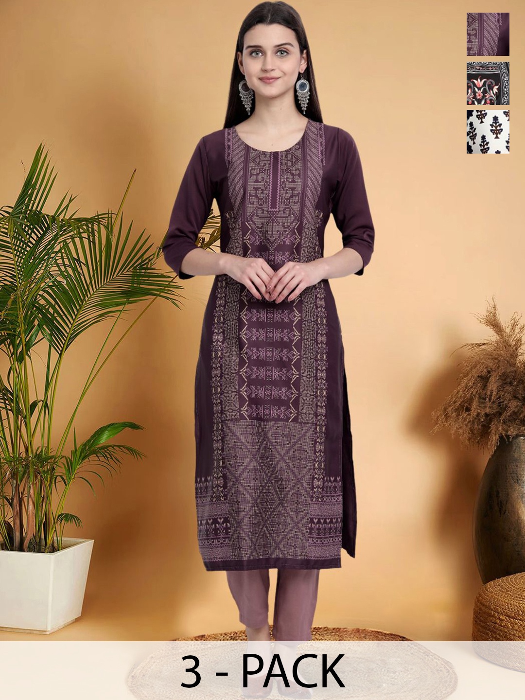 

7Threads Selection Of 3 Ethnic Motifs Printed Straight Kurtas, Purple