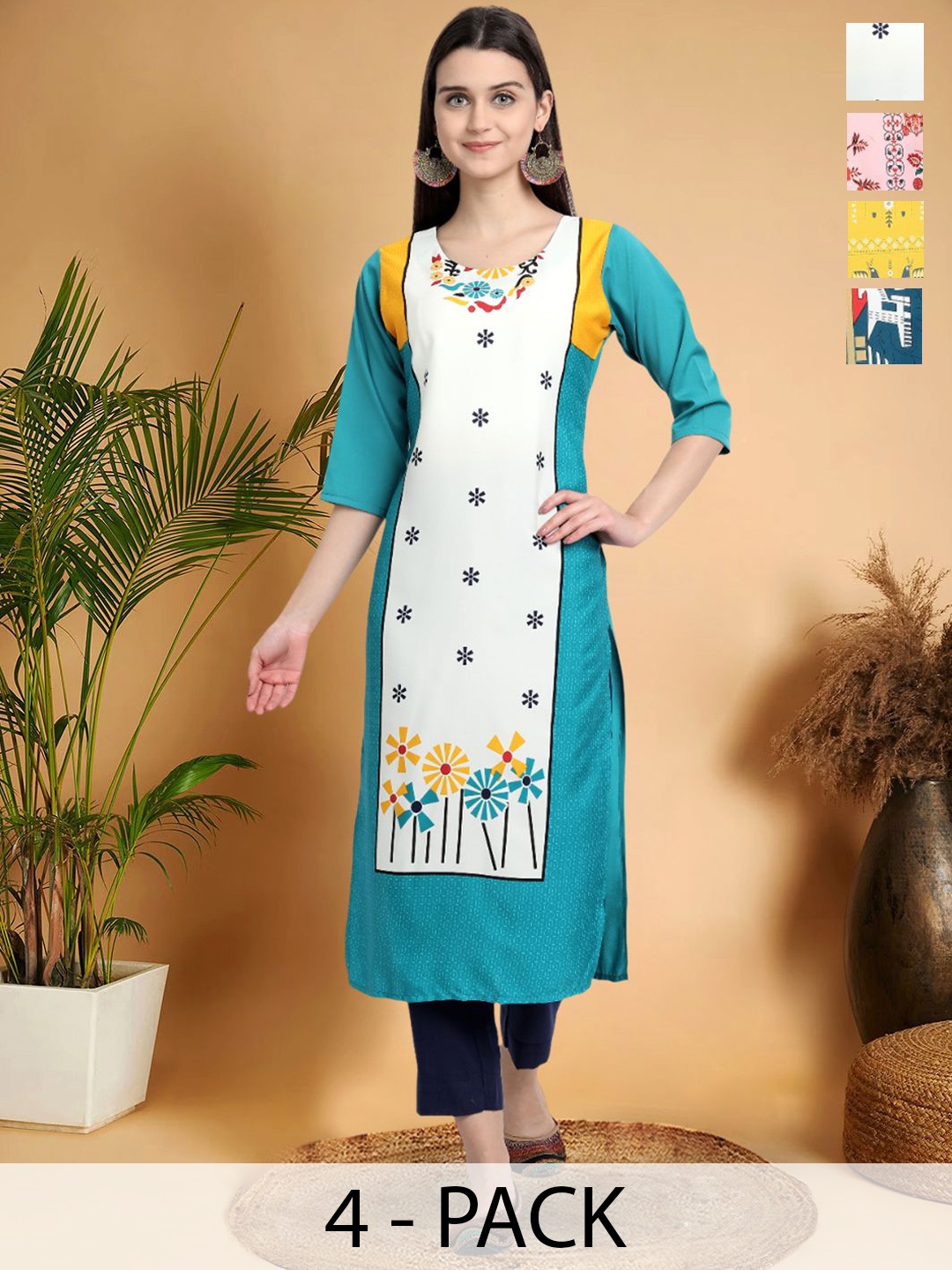 

7Threads Selection Of 4 Ethnic Motifs Printed Straight Kurtas, Blue