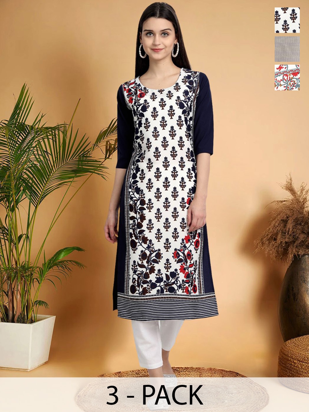 7Threads Selection Of 3 Floral Printed Straight Kurtas, White