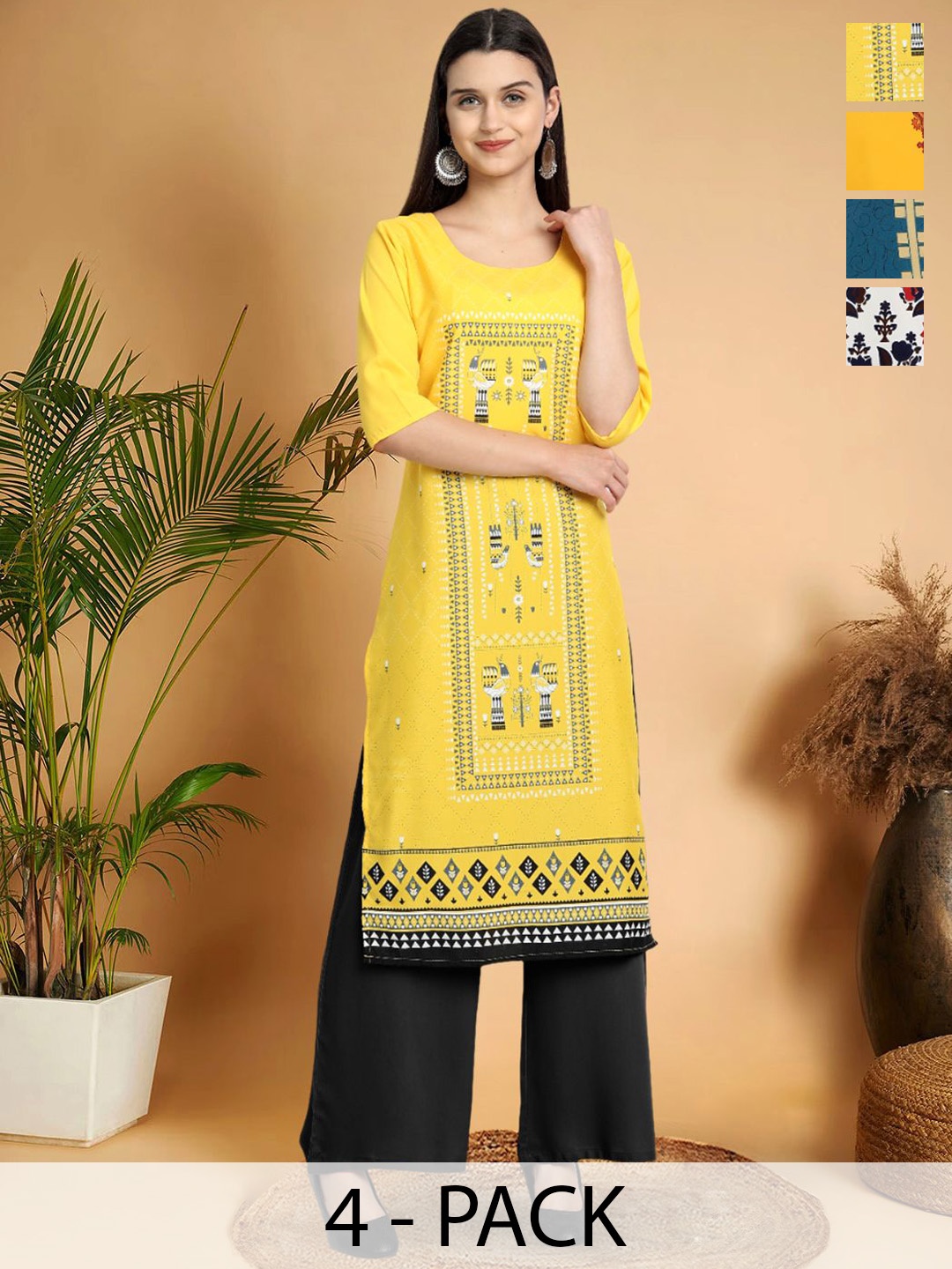 

7Threads Selection Of 4 Ethnic Motifs Printed Straight Kurtas, Yellow
