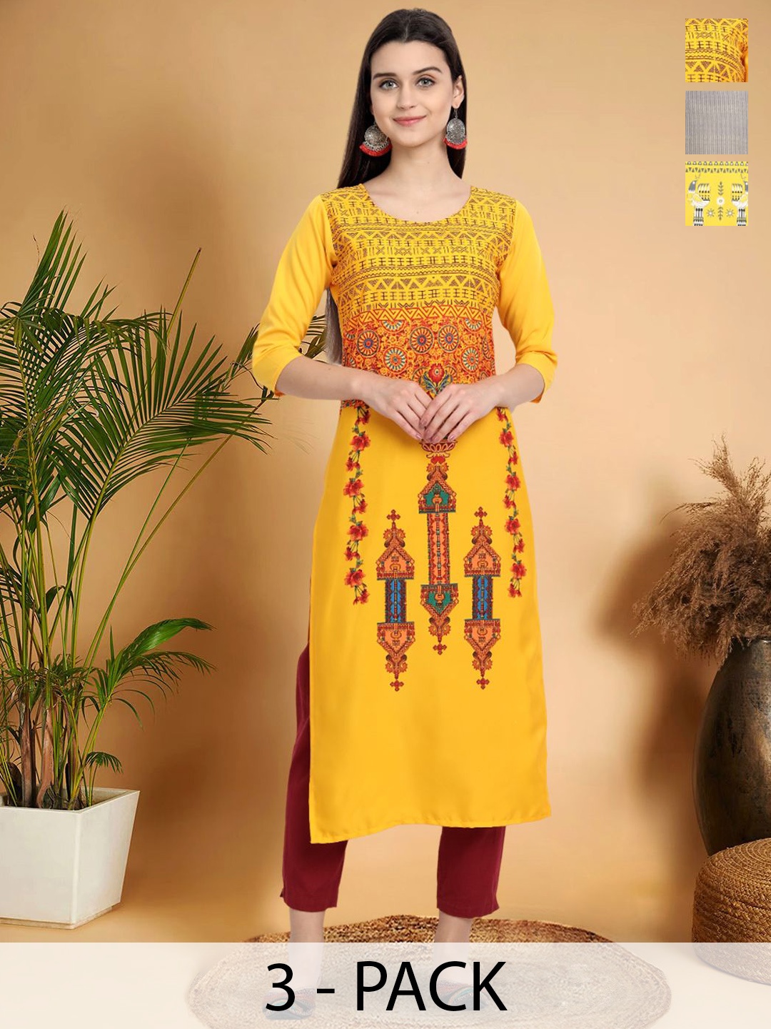

7Threads Selection Of 3 Ethnic Motifs Printed Straight Kurtas, Red