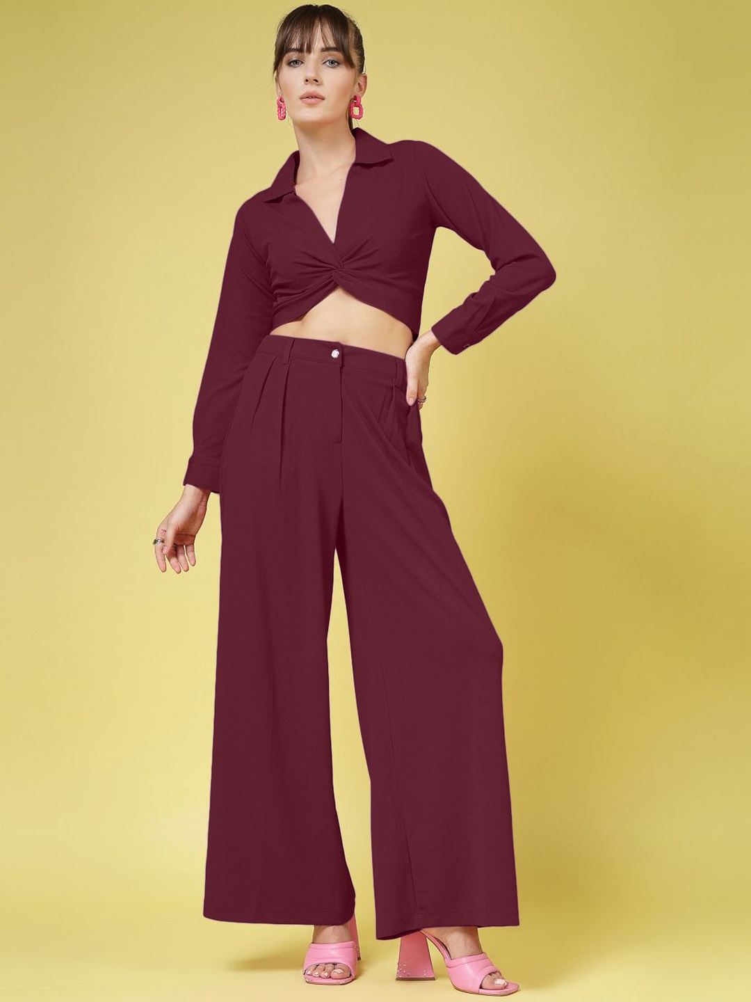 

Oomph! Shirt Collar Long Sleeves Top With Trouser, Purple